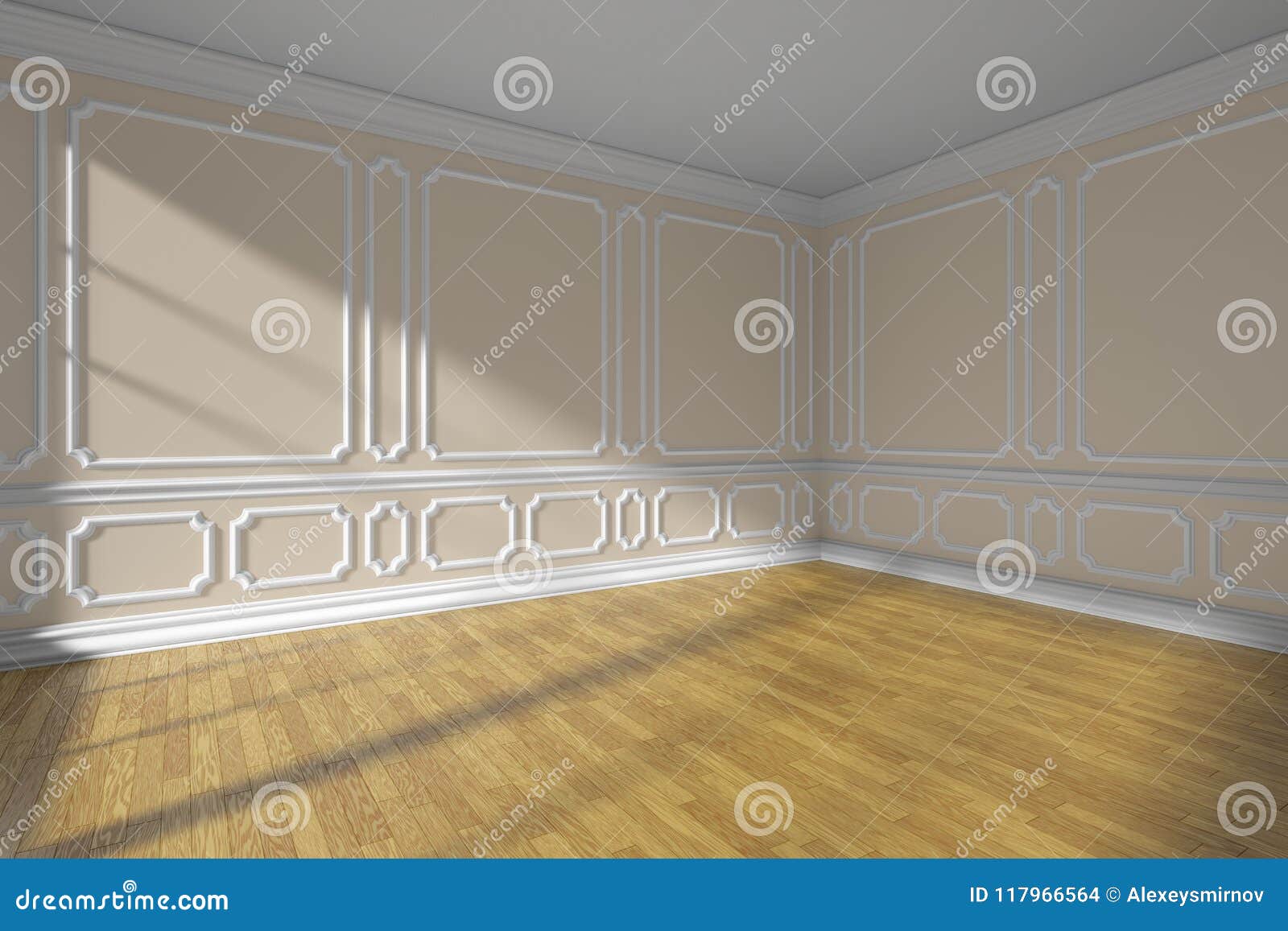 Beige Empty Room With Molding And Parquet Wide Angle Stock