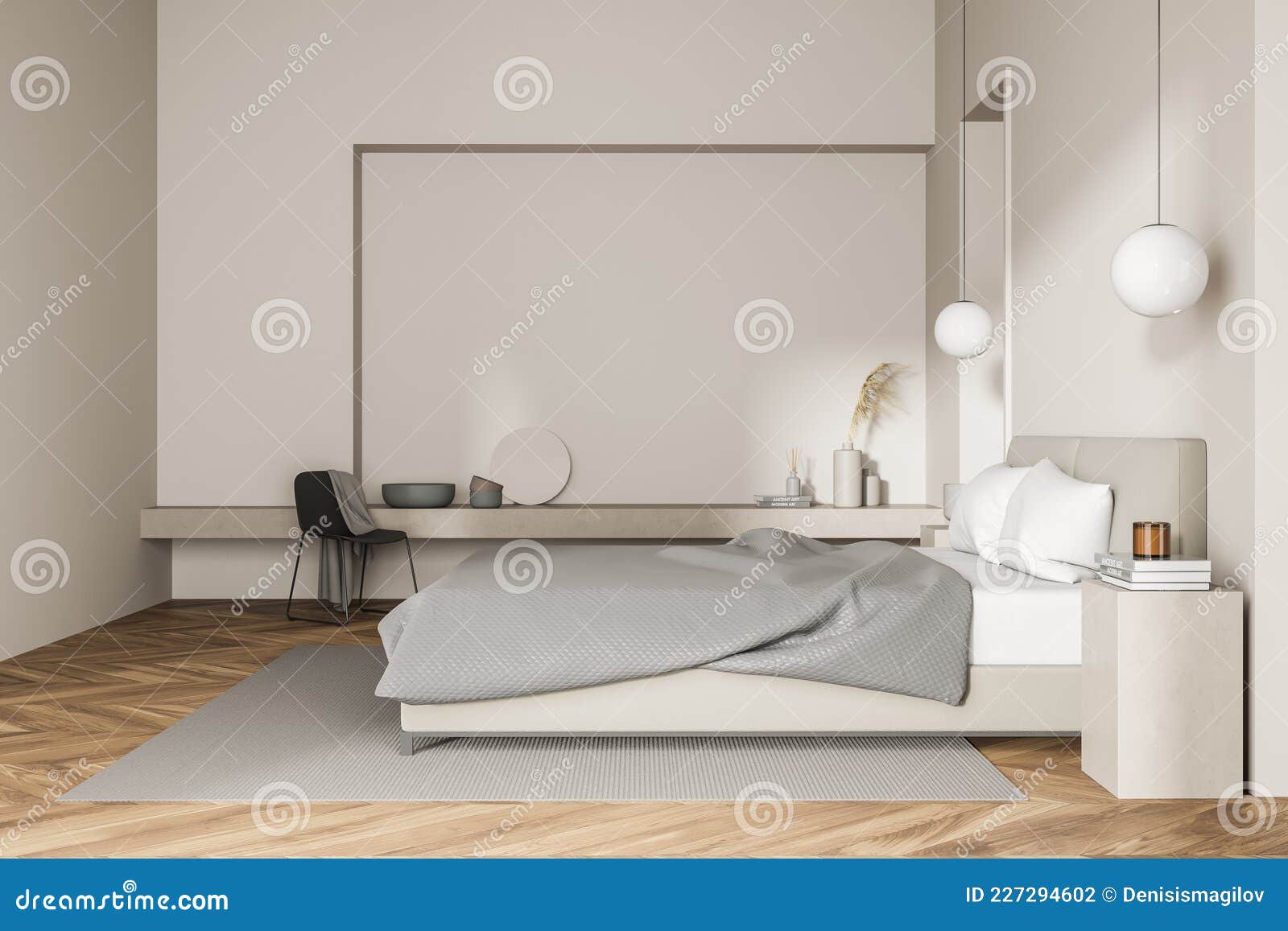 Beige Panorama-Schlafzimmer Mit Grauem Dekor Und Nische Und Anhängerleuchten  Stock Abbildung - Illustration von beige, grau: 227294602