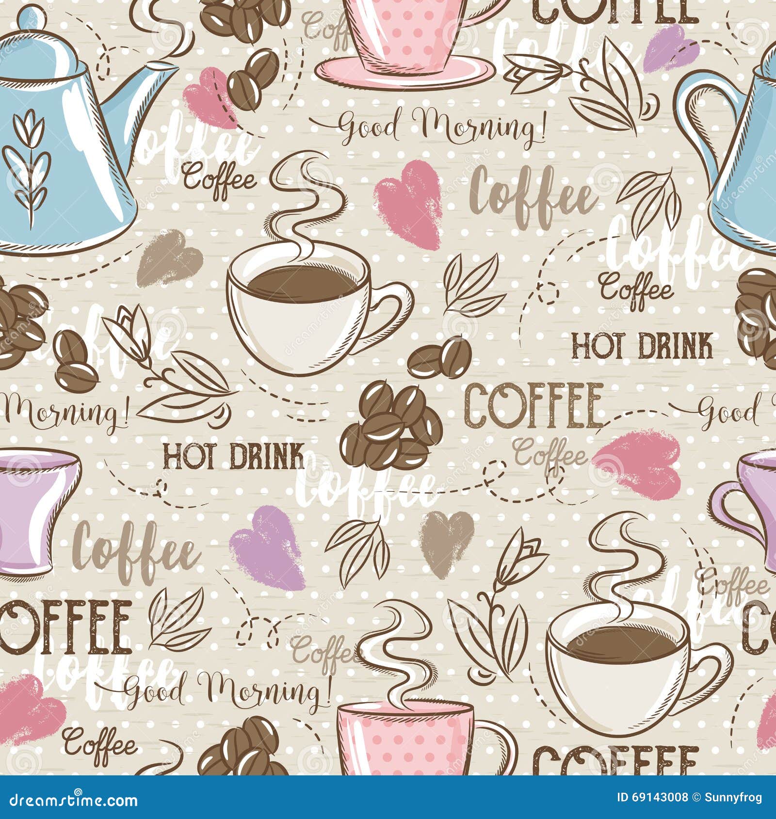 beige seamless patterns with coffee set, heart, flower and text.