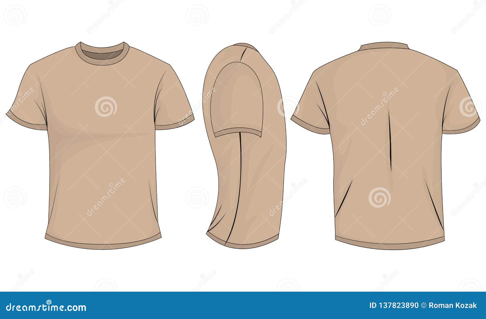 Beige T-shirt Mens with Short Sleeves. Front, Back, Side View Stock ...