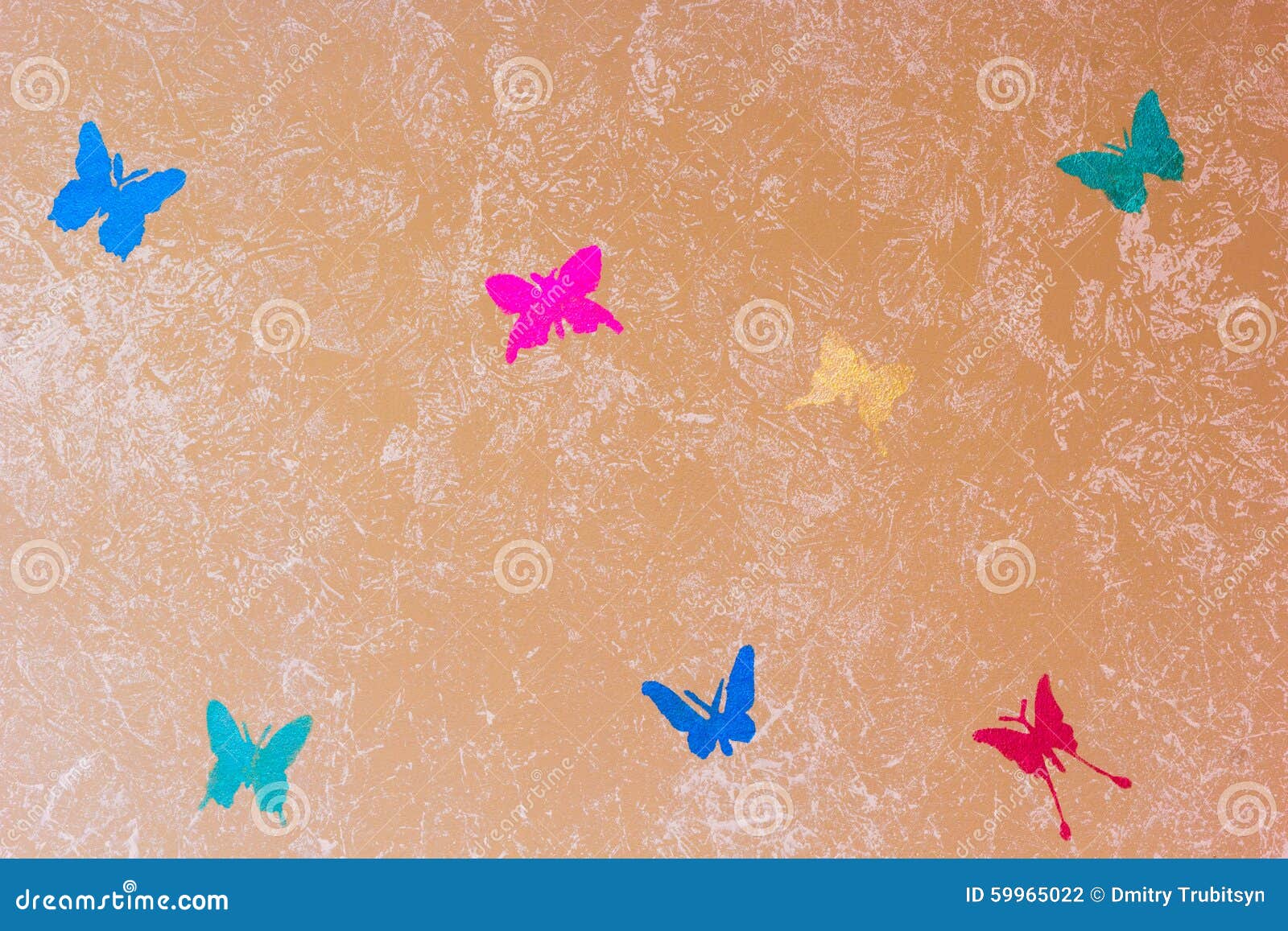 Beige Wall Painted With Textured Paint Roller With Butterflies Stock