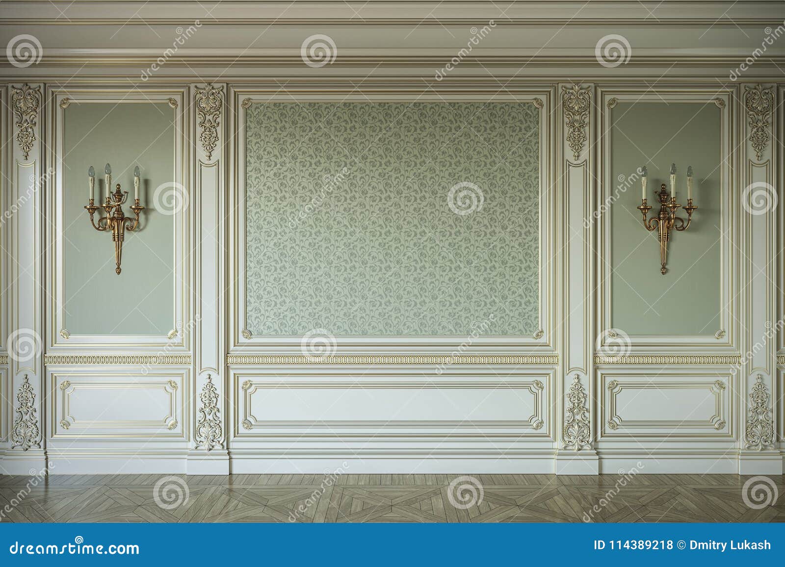 beige wall panels in classical style with gilding. 3d rendering