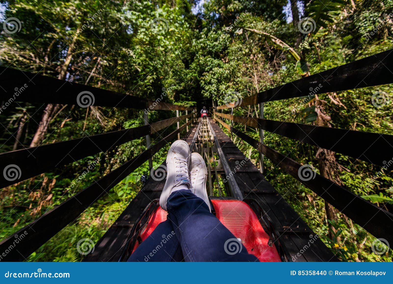 Bein des Mannes sitzend entspannend auf Achterbahn bei grünem Forest Park