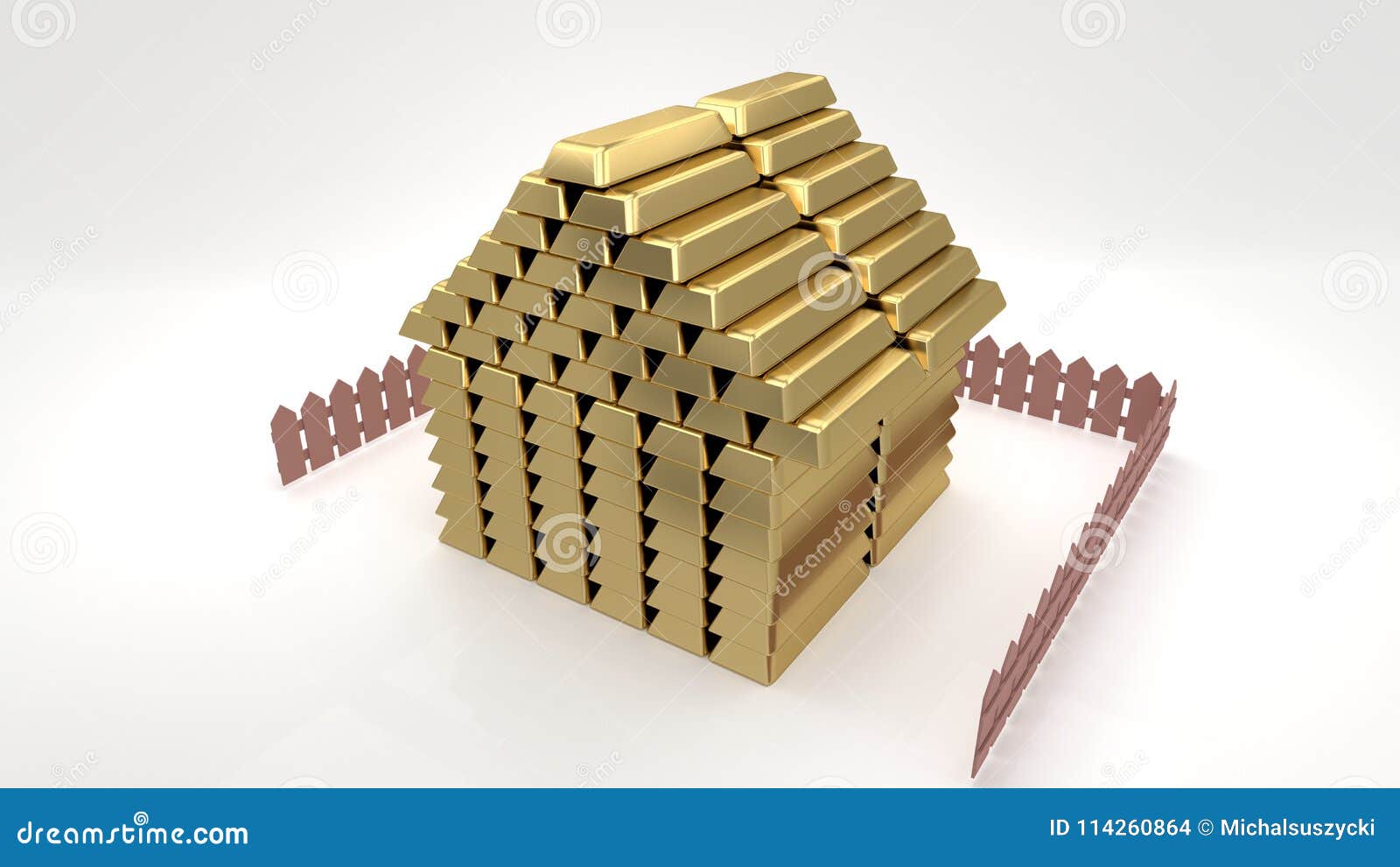 small cartoon-like house made of golden bars on a white background, 