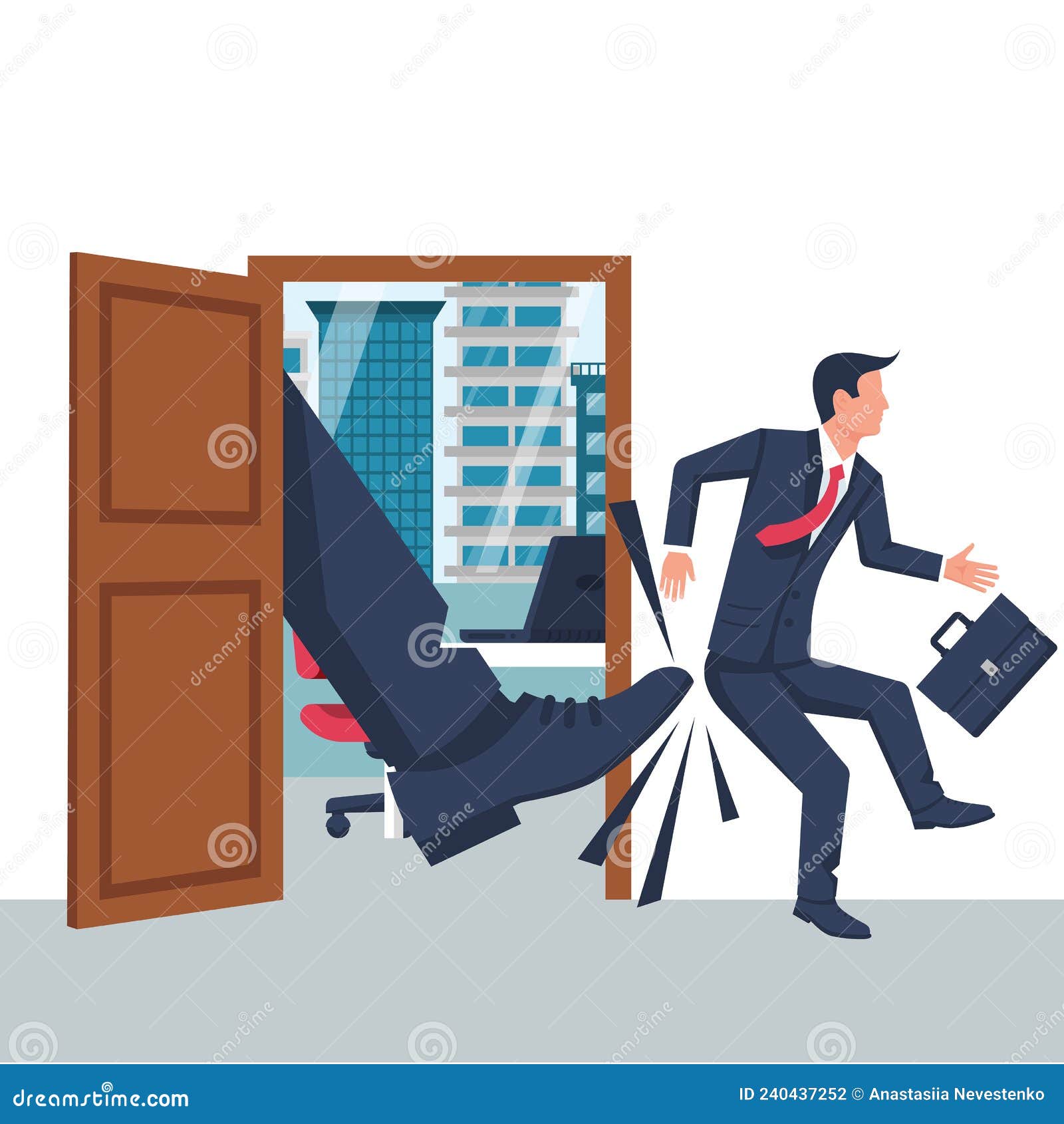 Man being kicked boss employees out Royalty Free Vector