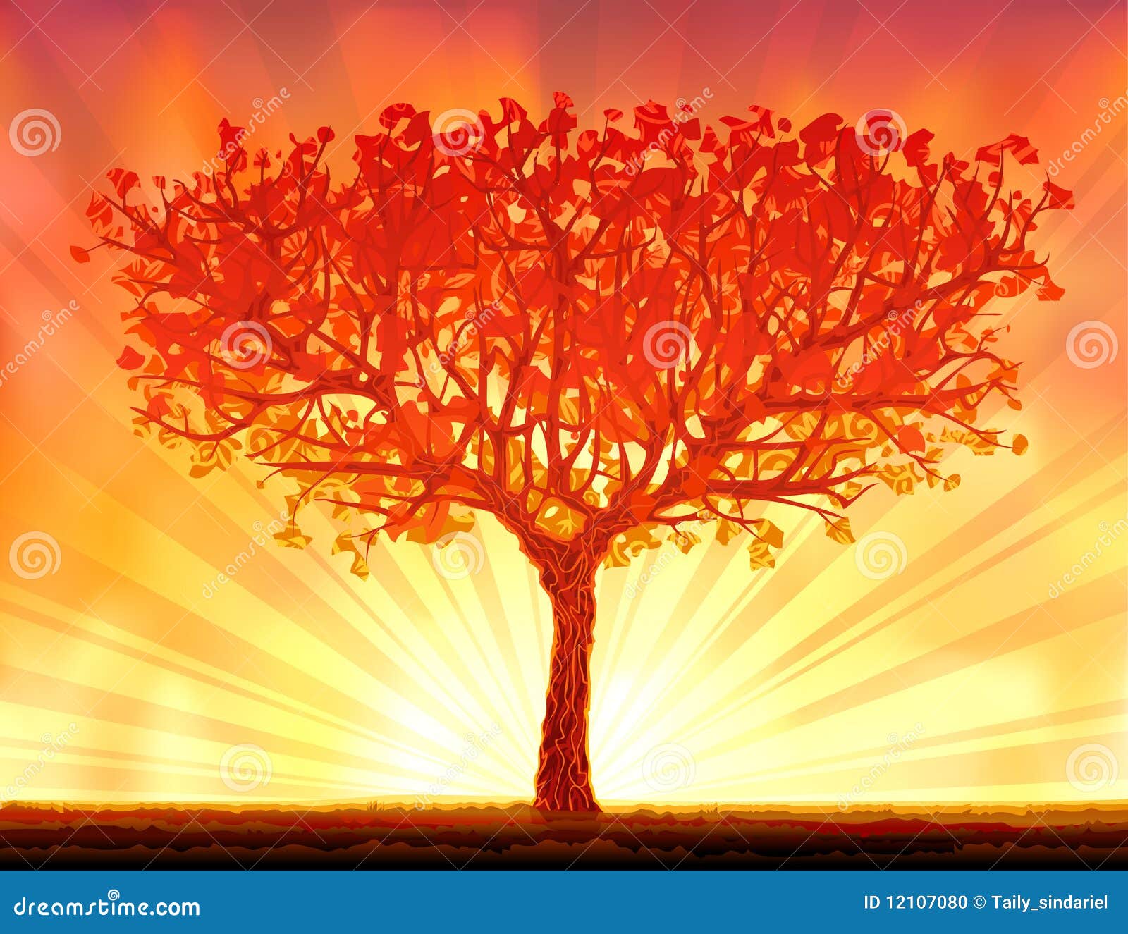 Bel Arbre De Coucher Du Soleil Dautomne Illustration De