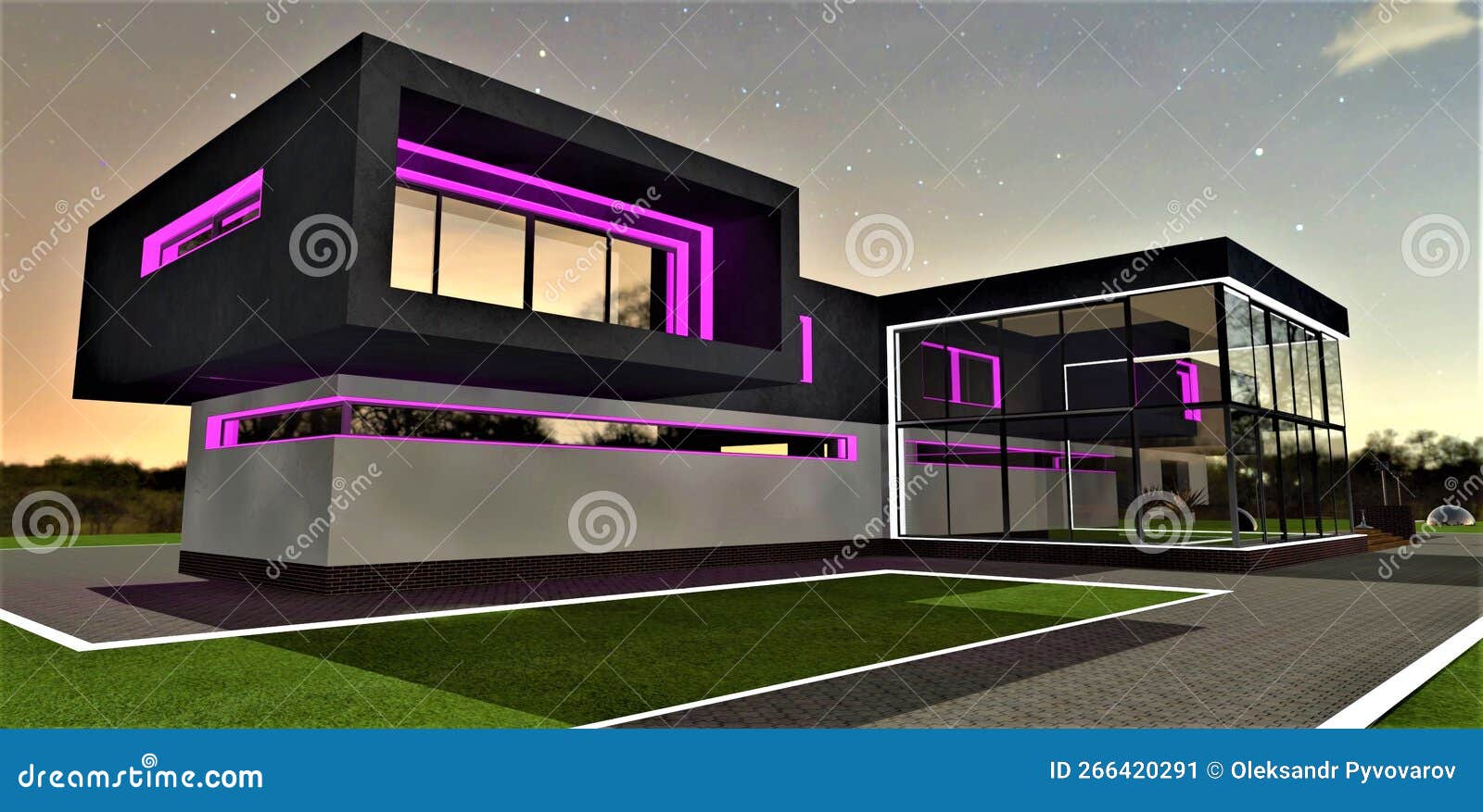 Uma casa moderna em minecraft, com o céu ao fundo.