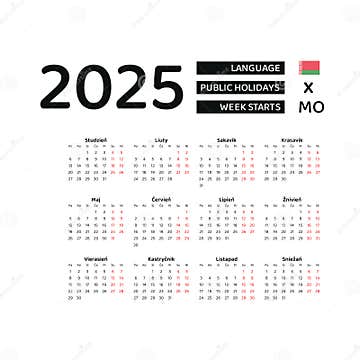Belarus Calendar 2025. Week Starts from Monday. Vector Graphic Design