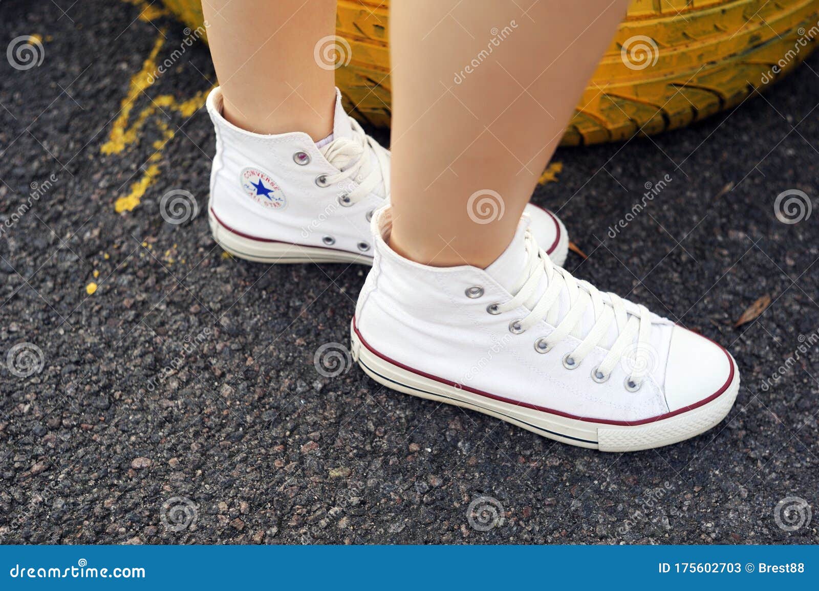 Belarus, Minsk - June 27, 2019: a Girl in White Cloth Converse Sneakers  Stands on Old Car Tires. Editorial Stock Photo - Image of footwear,  company: 175602703