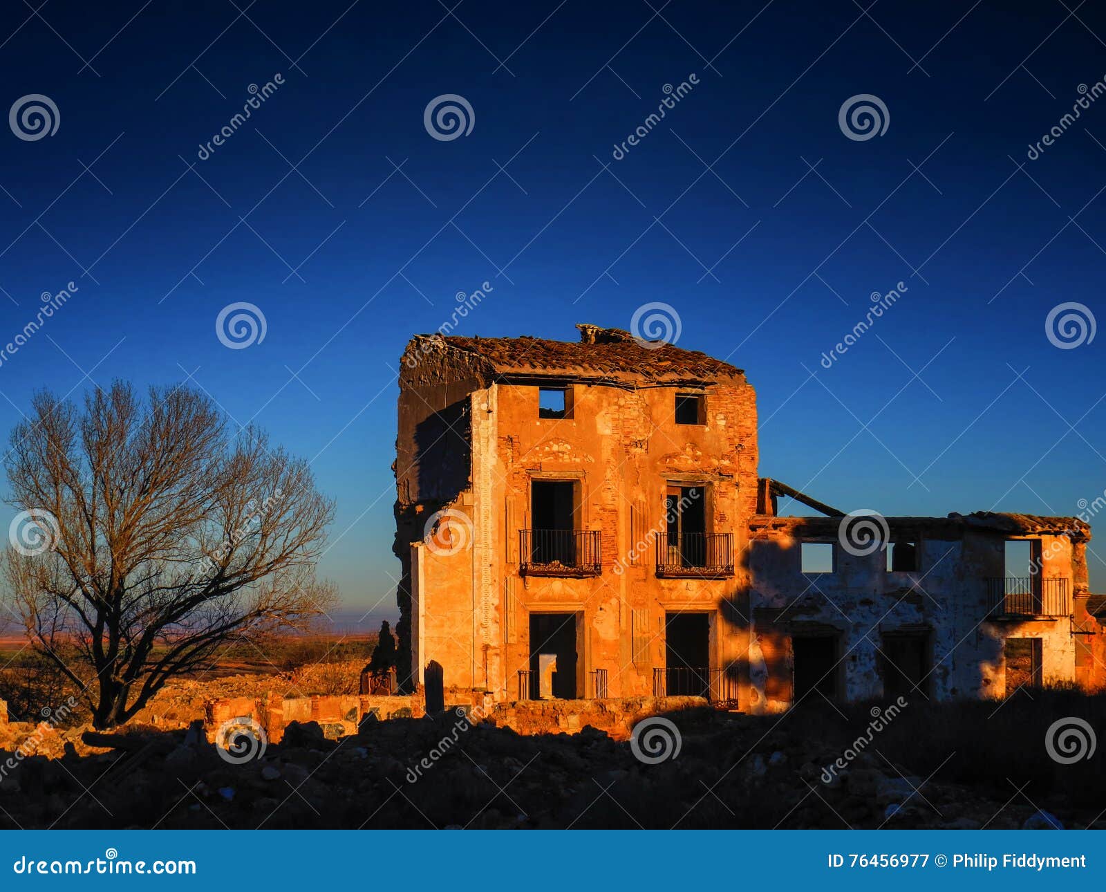 belchite village war ruins in aragon spain at dusk