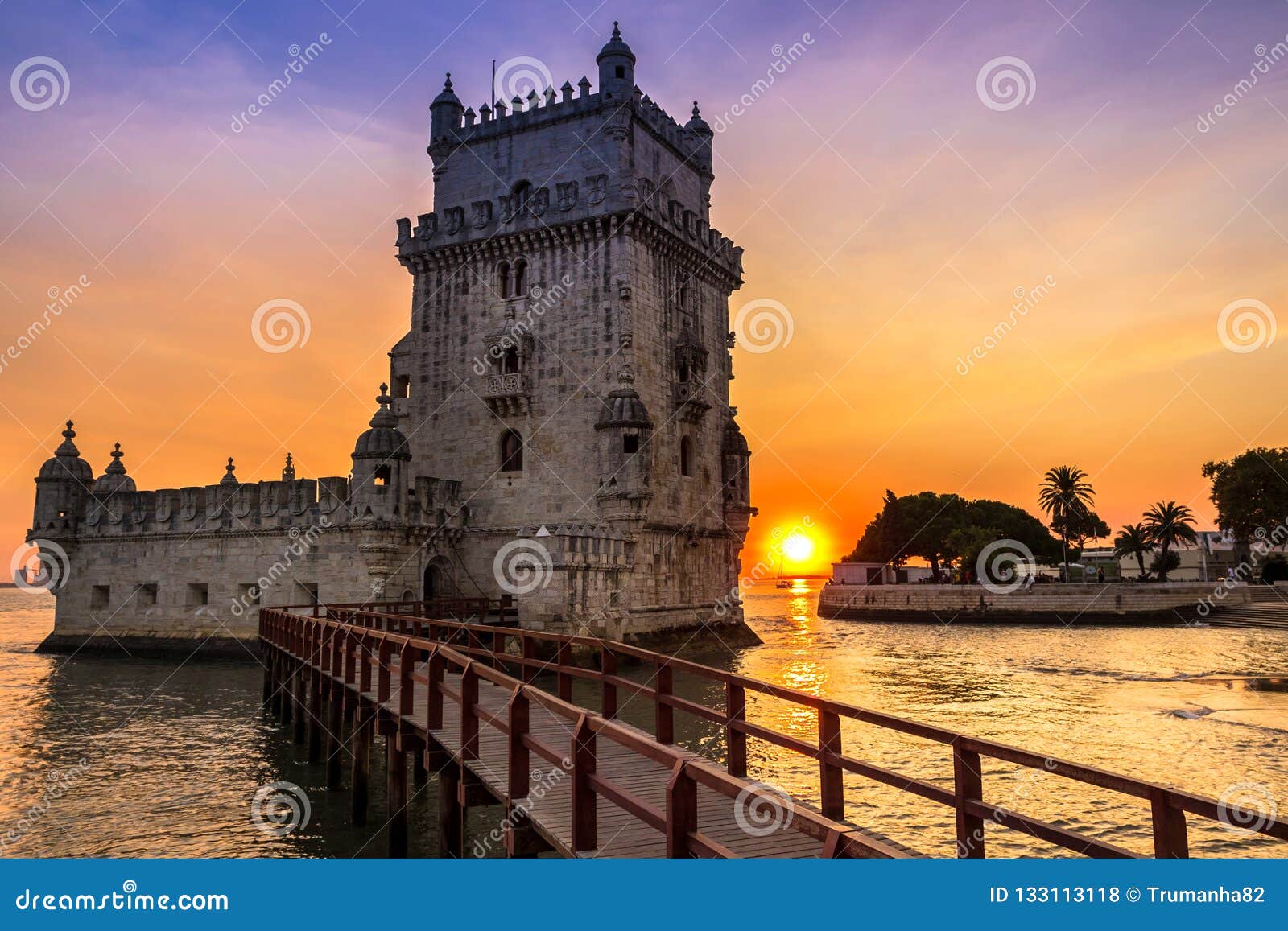 belem tower - torre de belem in lisbon, portugal at colorful dusk