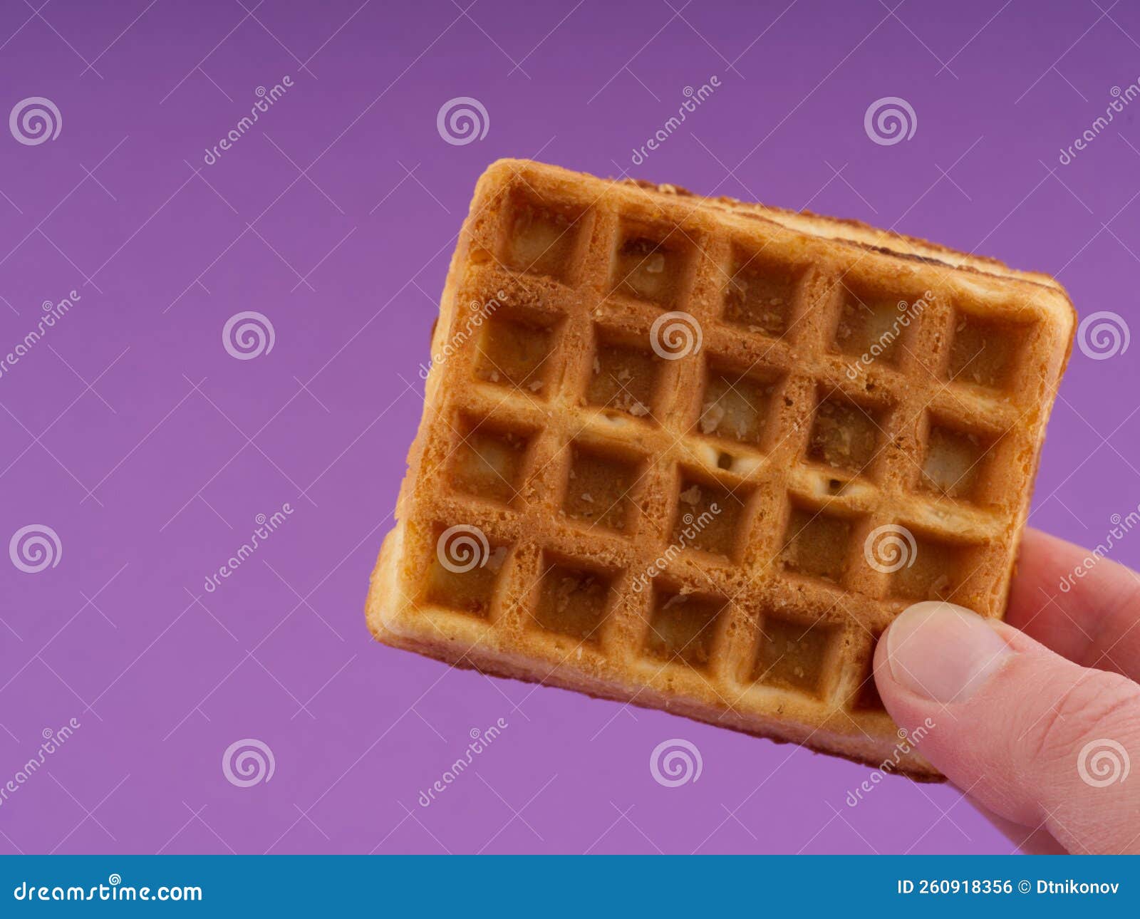Belgian Waffle in Hand. Space for Text Stock Photo Image of recipe