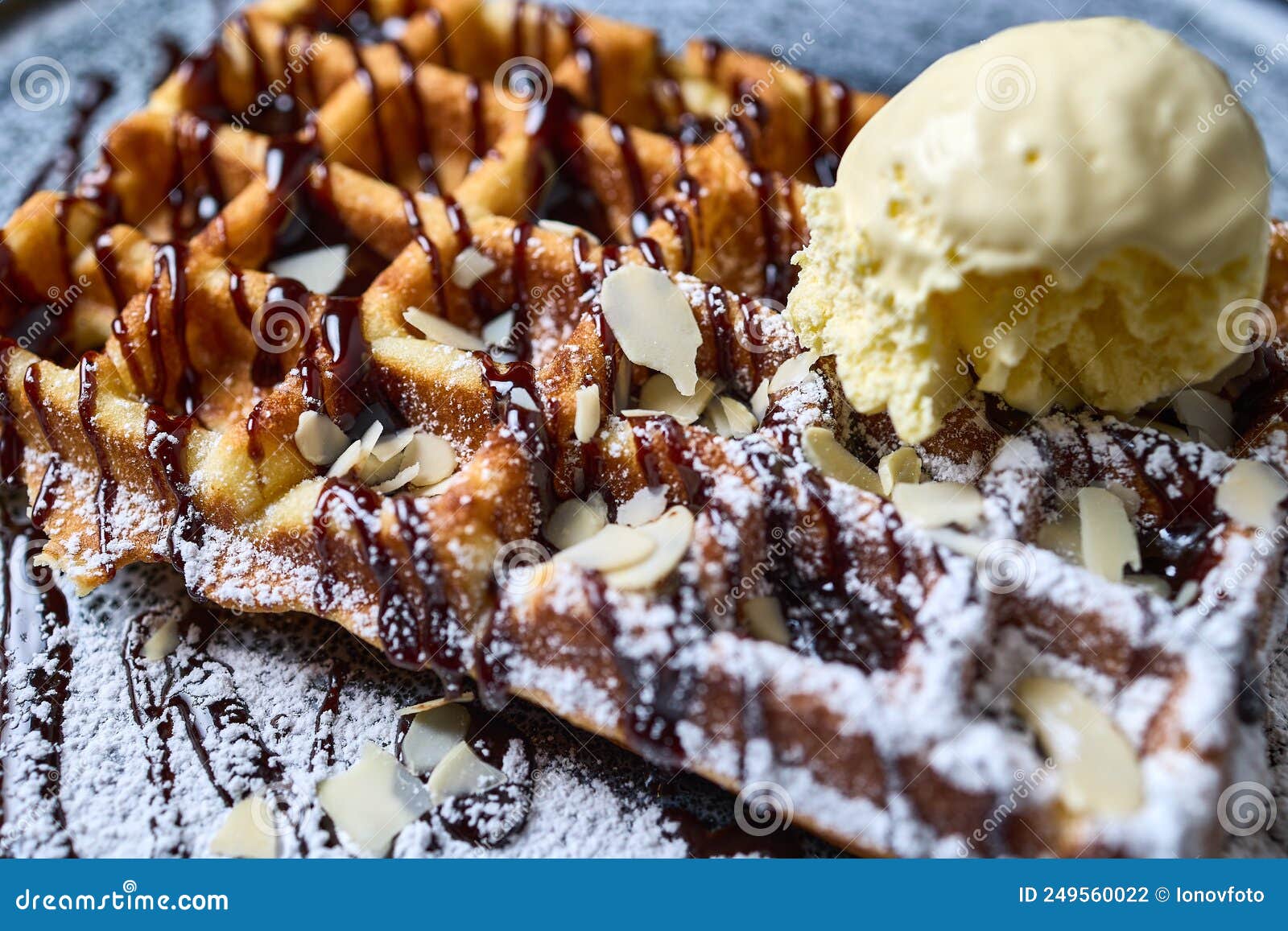 Belgian Waffle with Ice Cream Close Stock Photo Image of sauce, milk