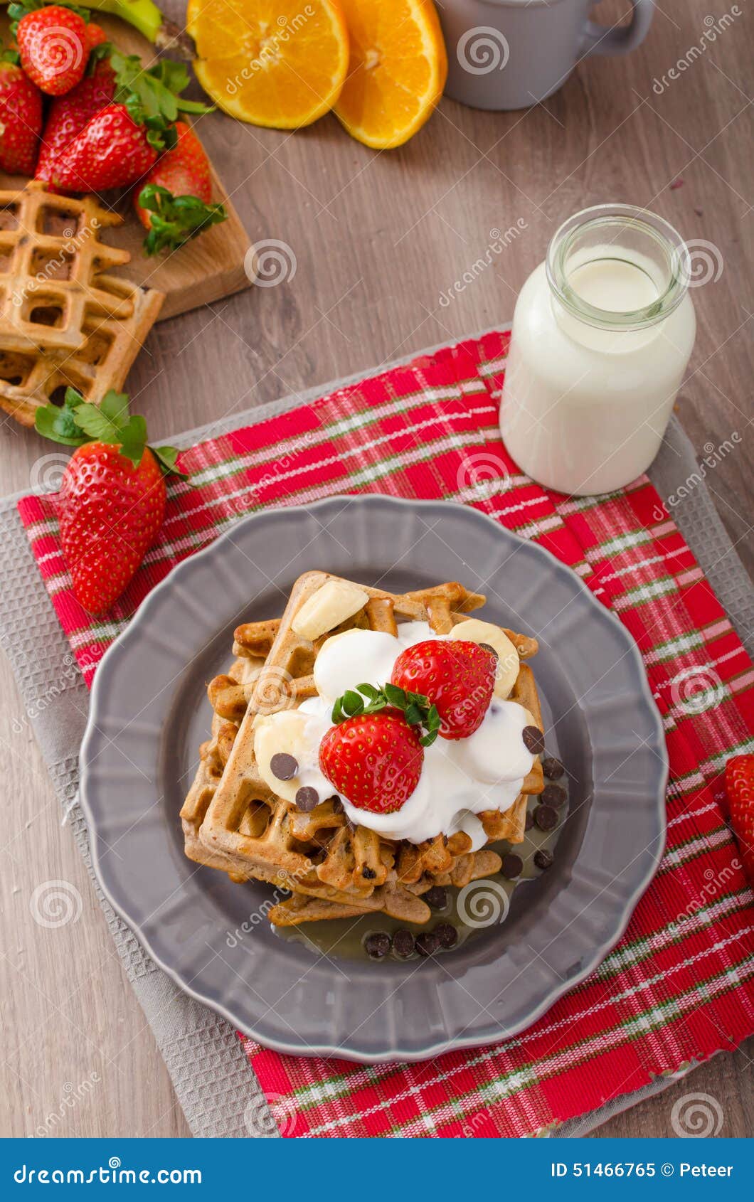 Belgian Waffles with Chocolate Chips and Fruits Stock Image Image of