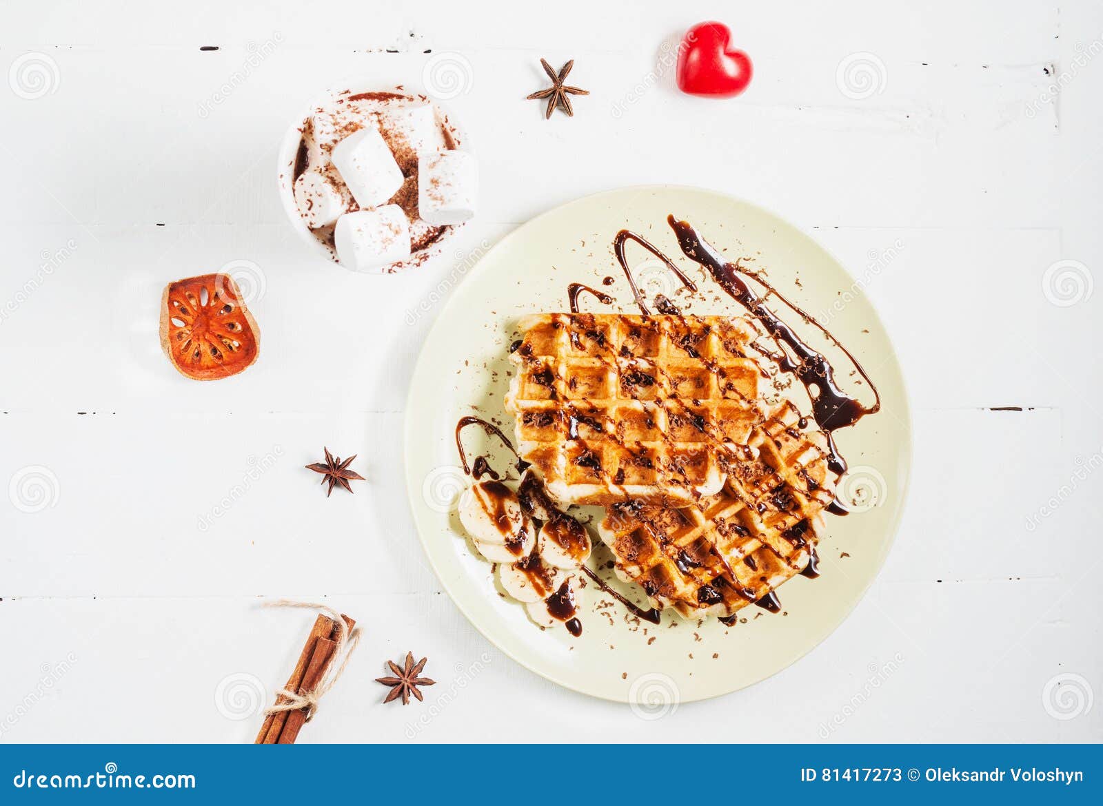 Belgian Waffles and Cocoa with Marshmallows for Breakfast. Top View