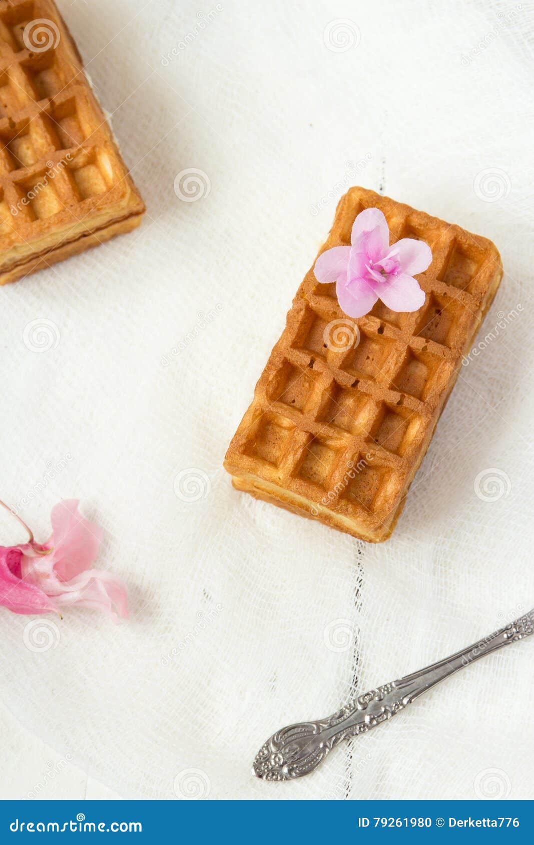 Belgian Waffles, Pink Flowers. Stock Photo Image of flowers, wafers 79261980