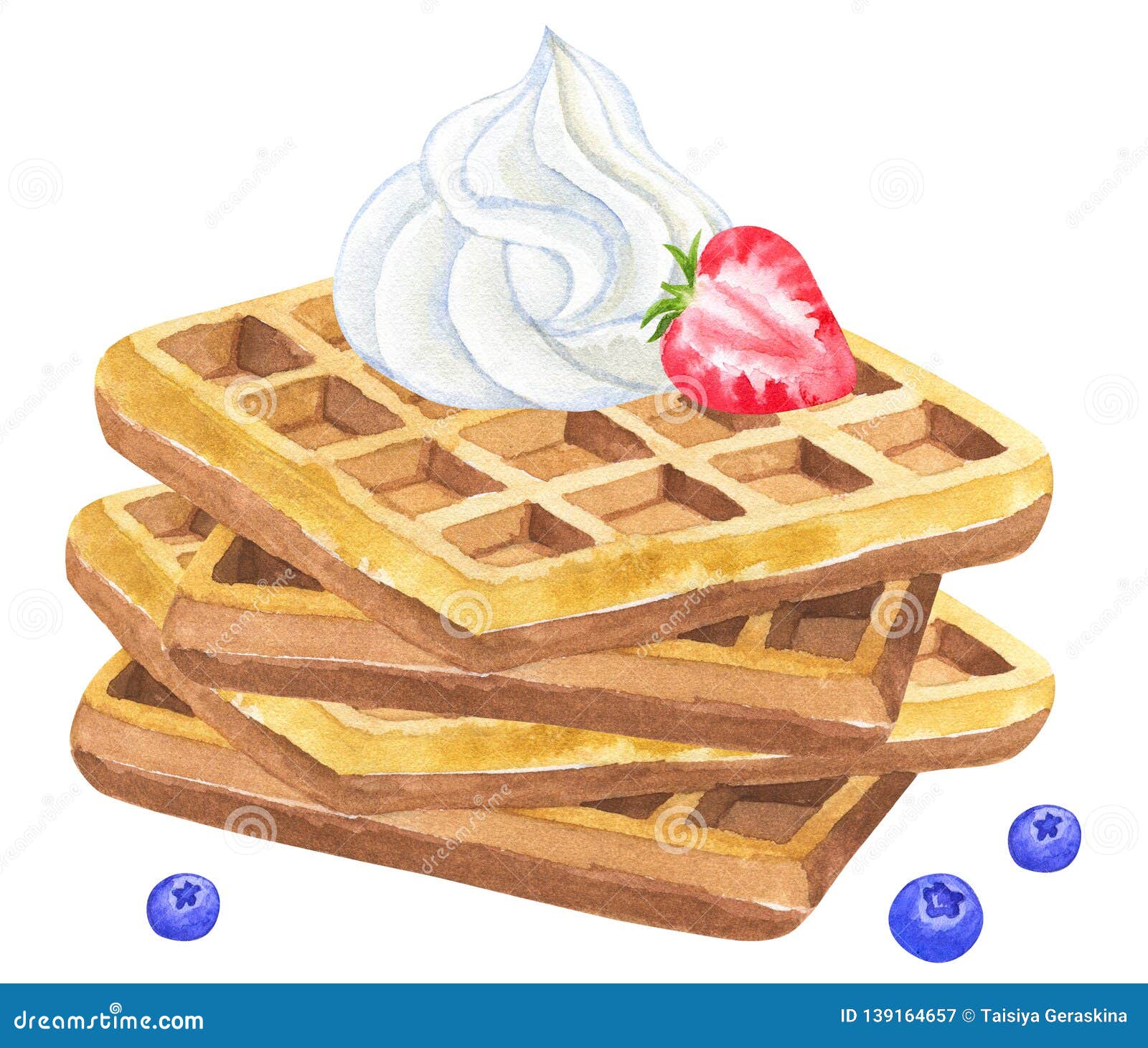 Belgian Waffles With Whipped Cream And Strawberry And Blackberry Hand Drawn Watercolor Illustration Isolated On White Stock Illustration Illustration Of Isolated Cafe