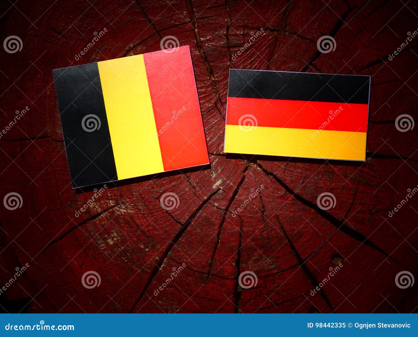 Belgische Flagge Mit Deutscher Flagge Auf Einem Baumstumpf Stockbild Bild Von Belgische Deutscher