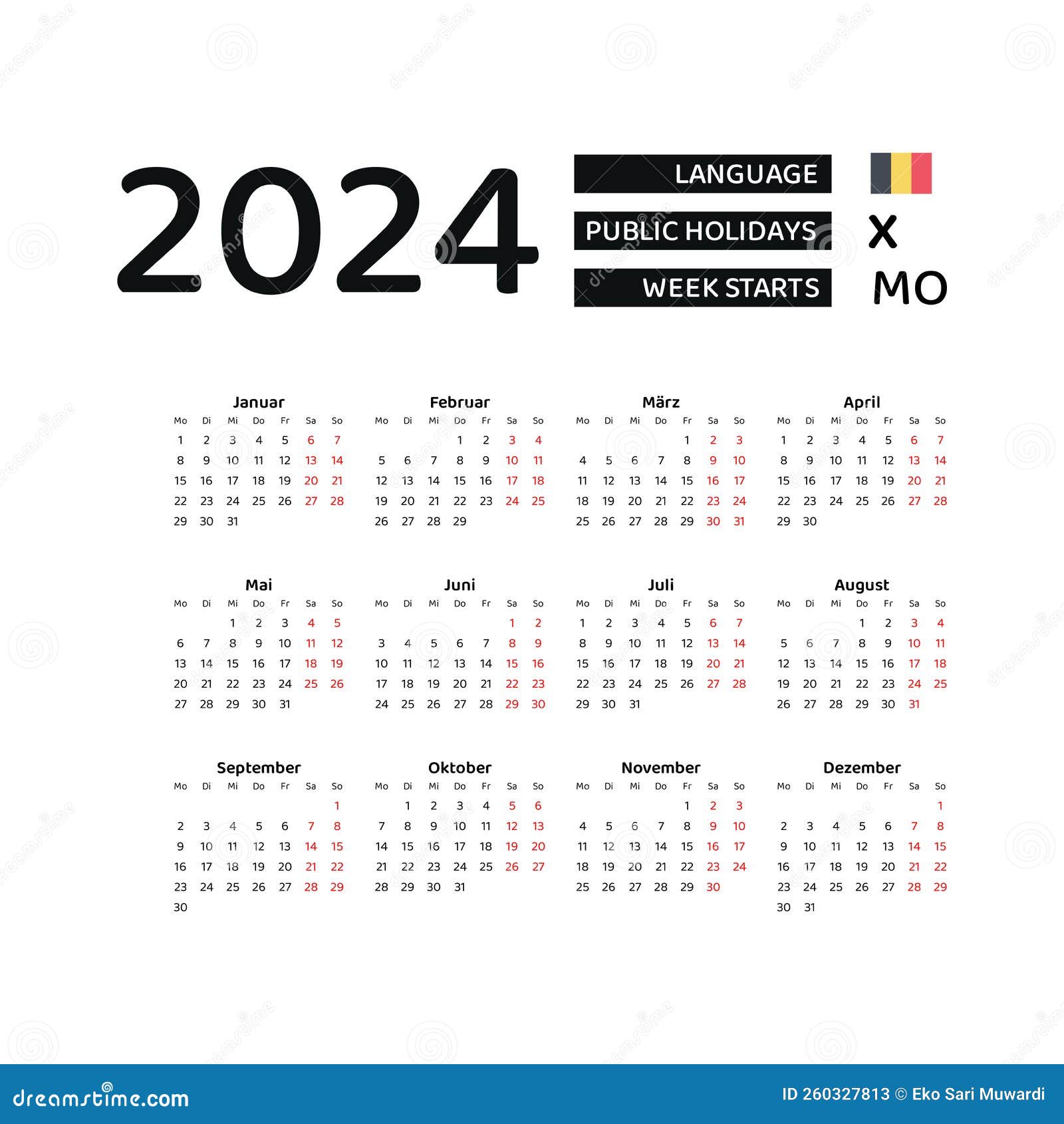 Belgium Calendar Week Starts Monday Vector Graphic Design German Language 260327813 