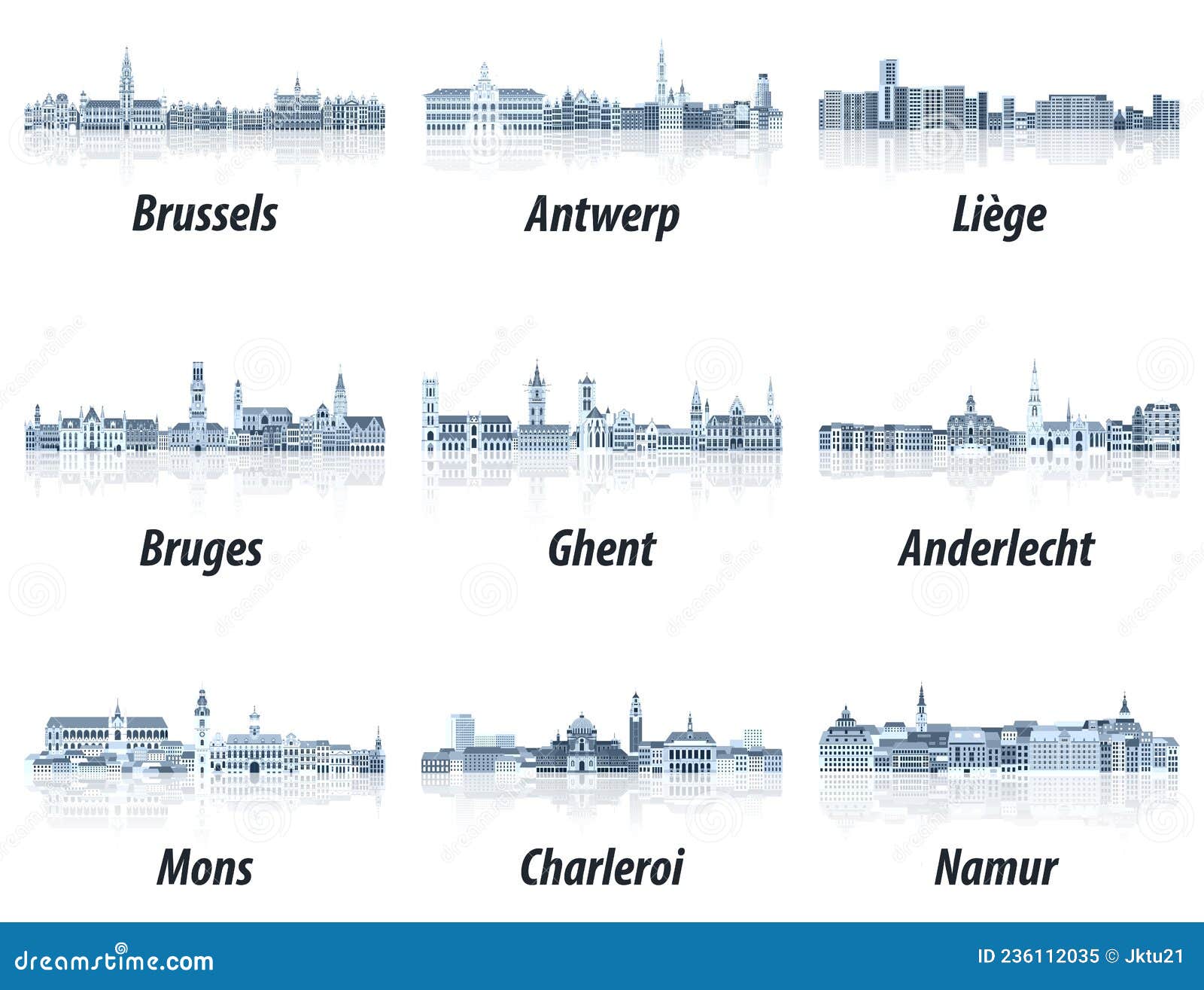 belgium main cities cityscapes in tints of blue color palette.cÂ¡rystal aesthetics style
