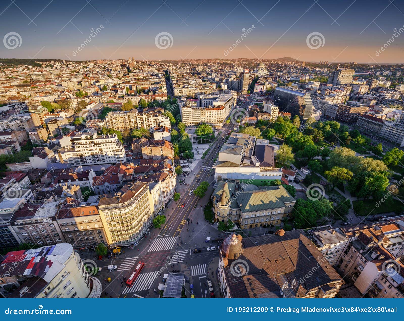 belgrade, flower`s square, vracar, avala mountain aerial afternoon view