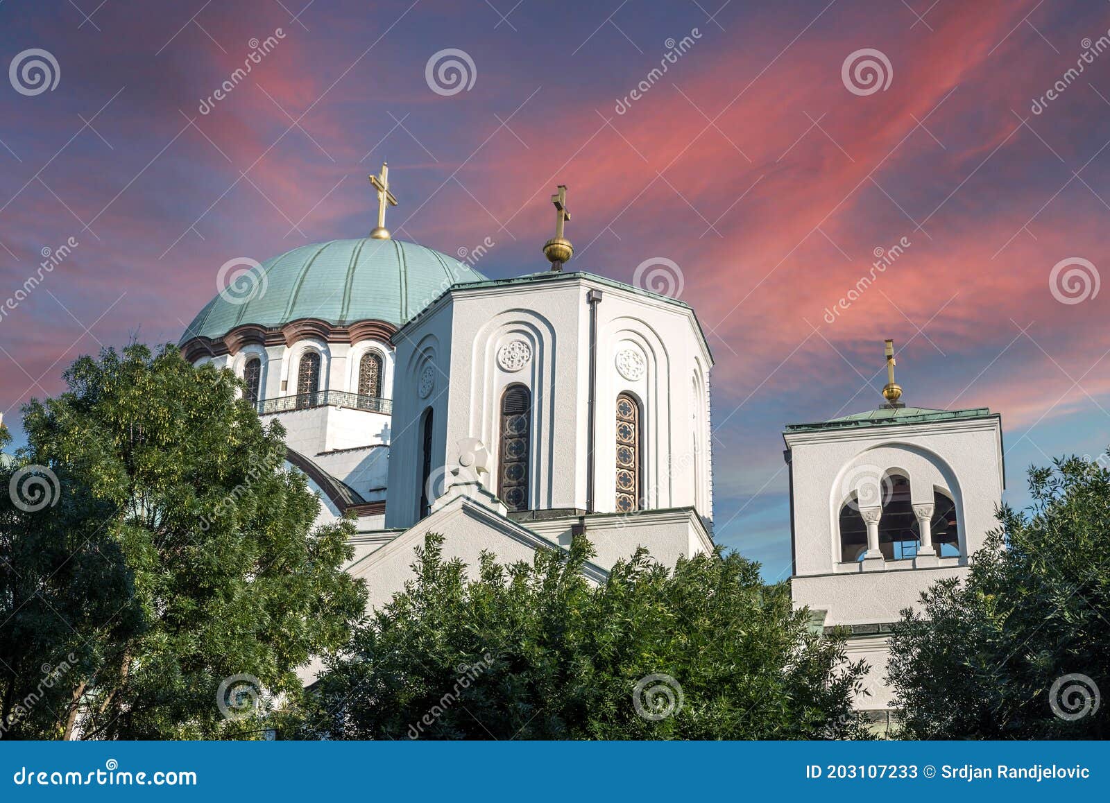 belgrade, serbia. june 28. 2020. view of bell towers of st. sava temple of serbian orthodox church on slavia square in serbian