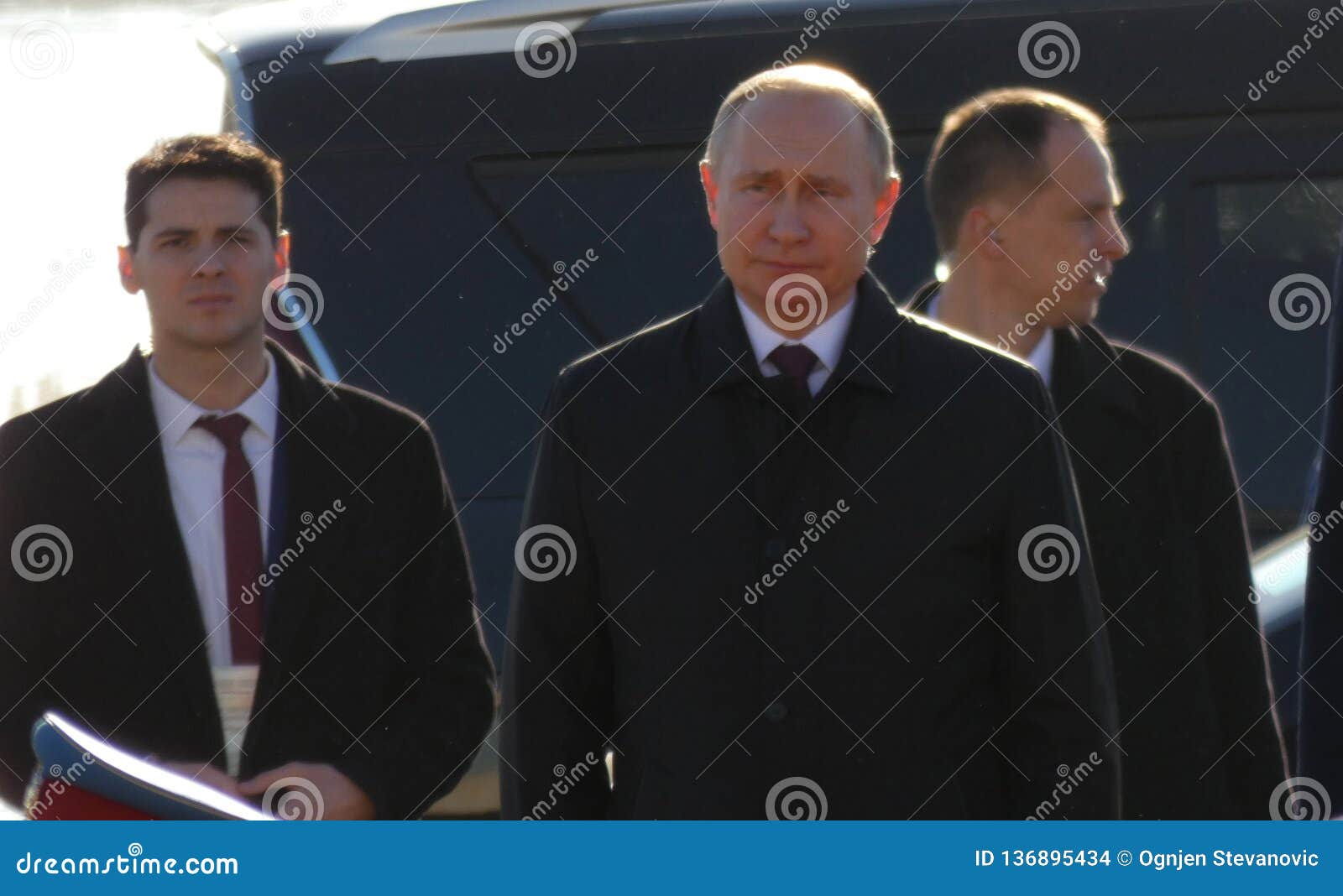 Belgrado, Serbia 17 gennaio 2019 Presidente di Federazione Russa, Vladimir Putin nella visita ufficiale a Belgrado, Serbia Presidente Putin con presidente Aleksandar Vucic durante l'intonazione ufficiale dell'inno della Russia e della Serbia