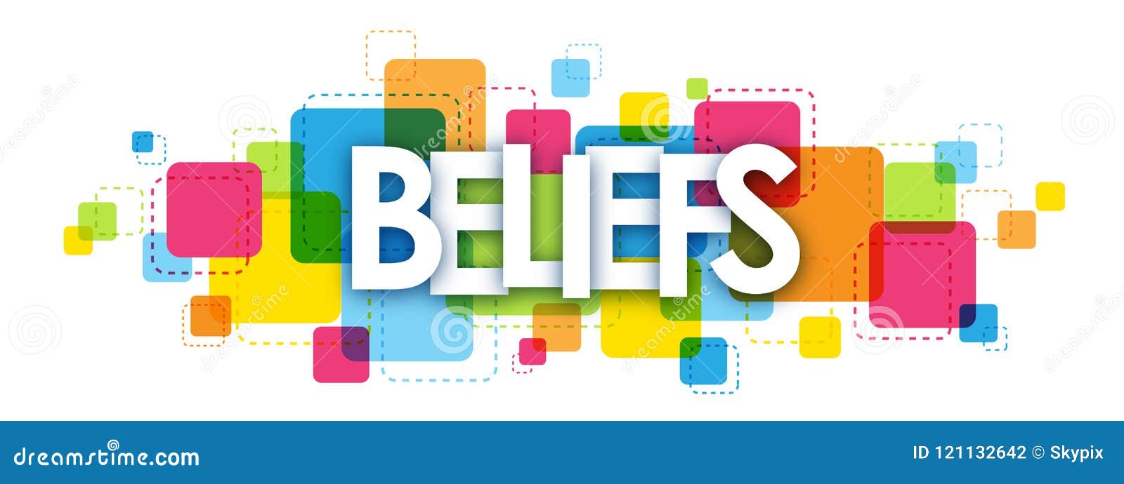 beliefs banner on colorful squares background