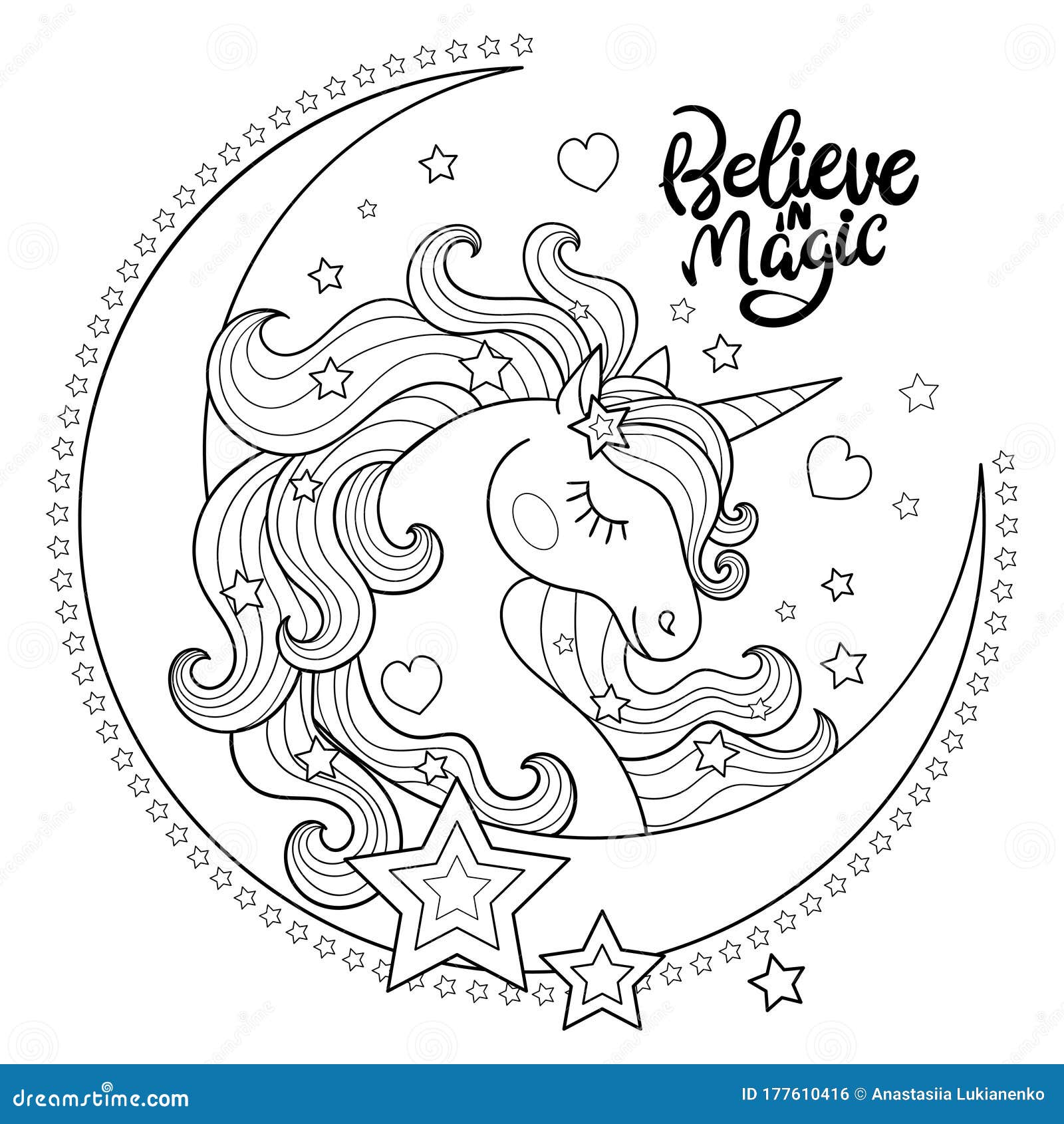 Believe in Magic. Beautiful Unicorn with the Moon. Black and White ...