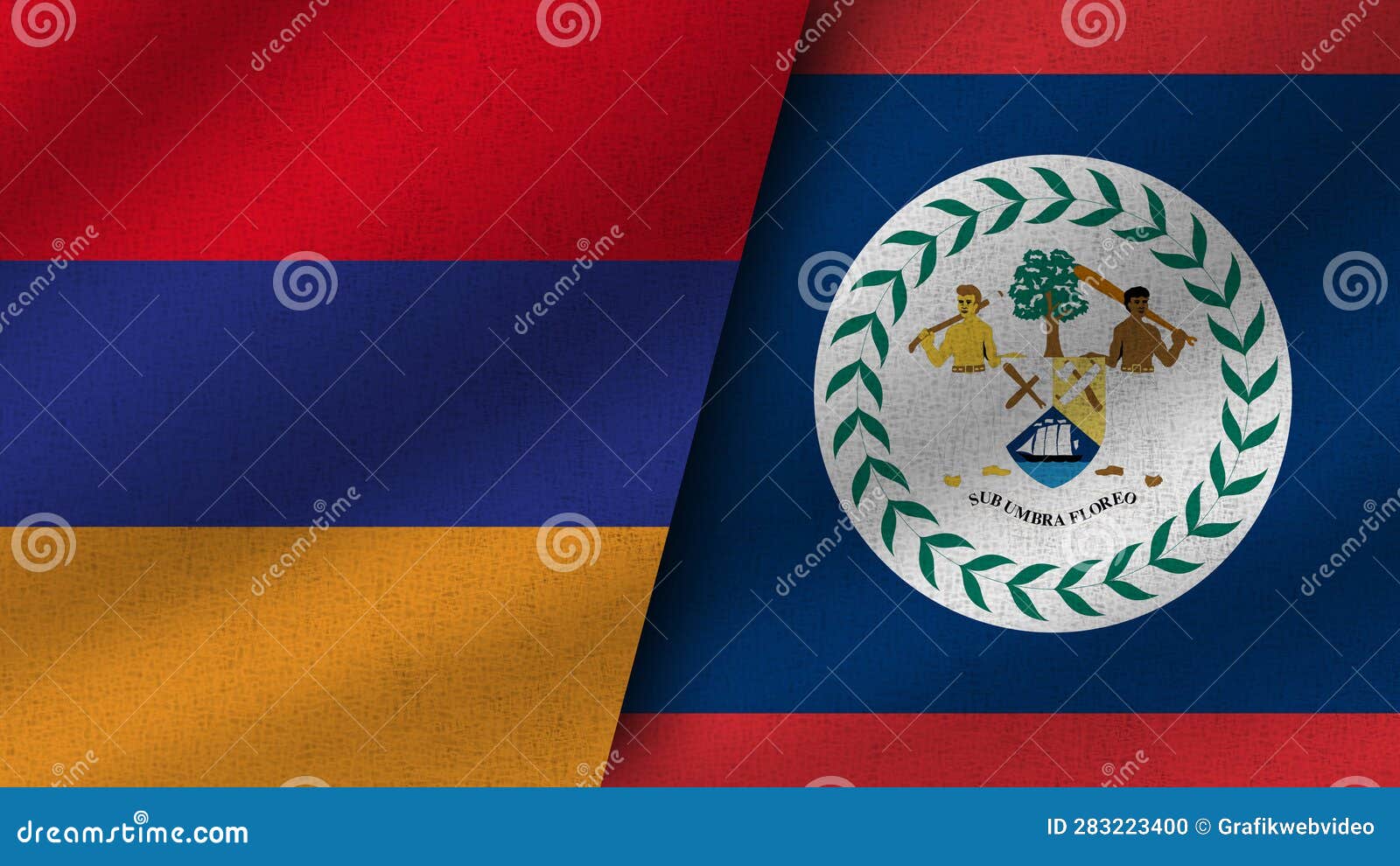 Belize and Armenia Realistic Two Flags Together Stock Illustration