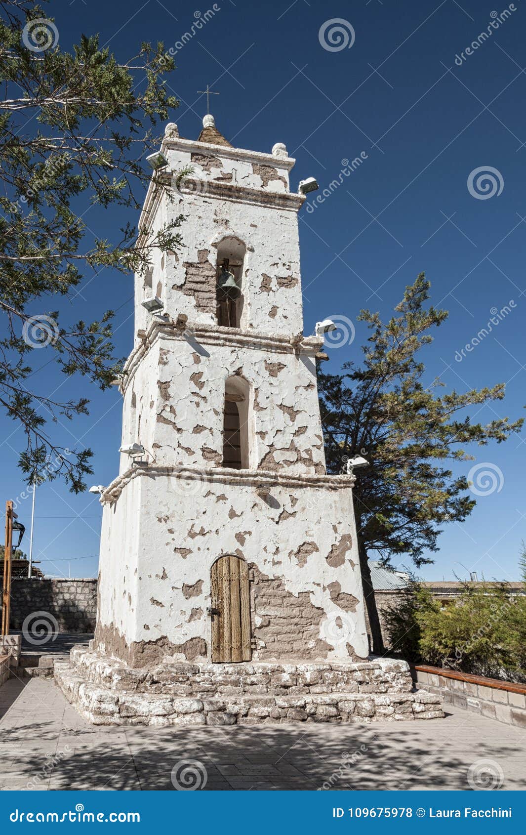 bell tower of the church campanario de san lucas at toconao village main square - toconao, atacama desert, chile