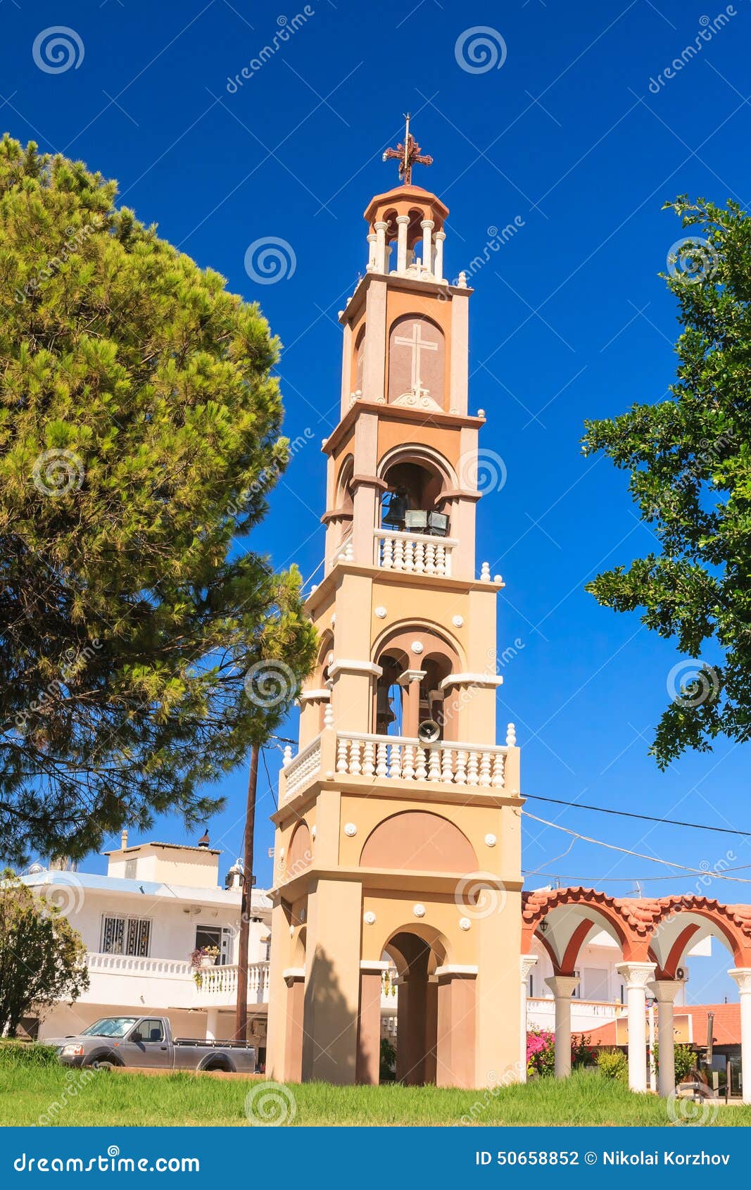 the bell tower of the church in the village of pilon (pylonas)