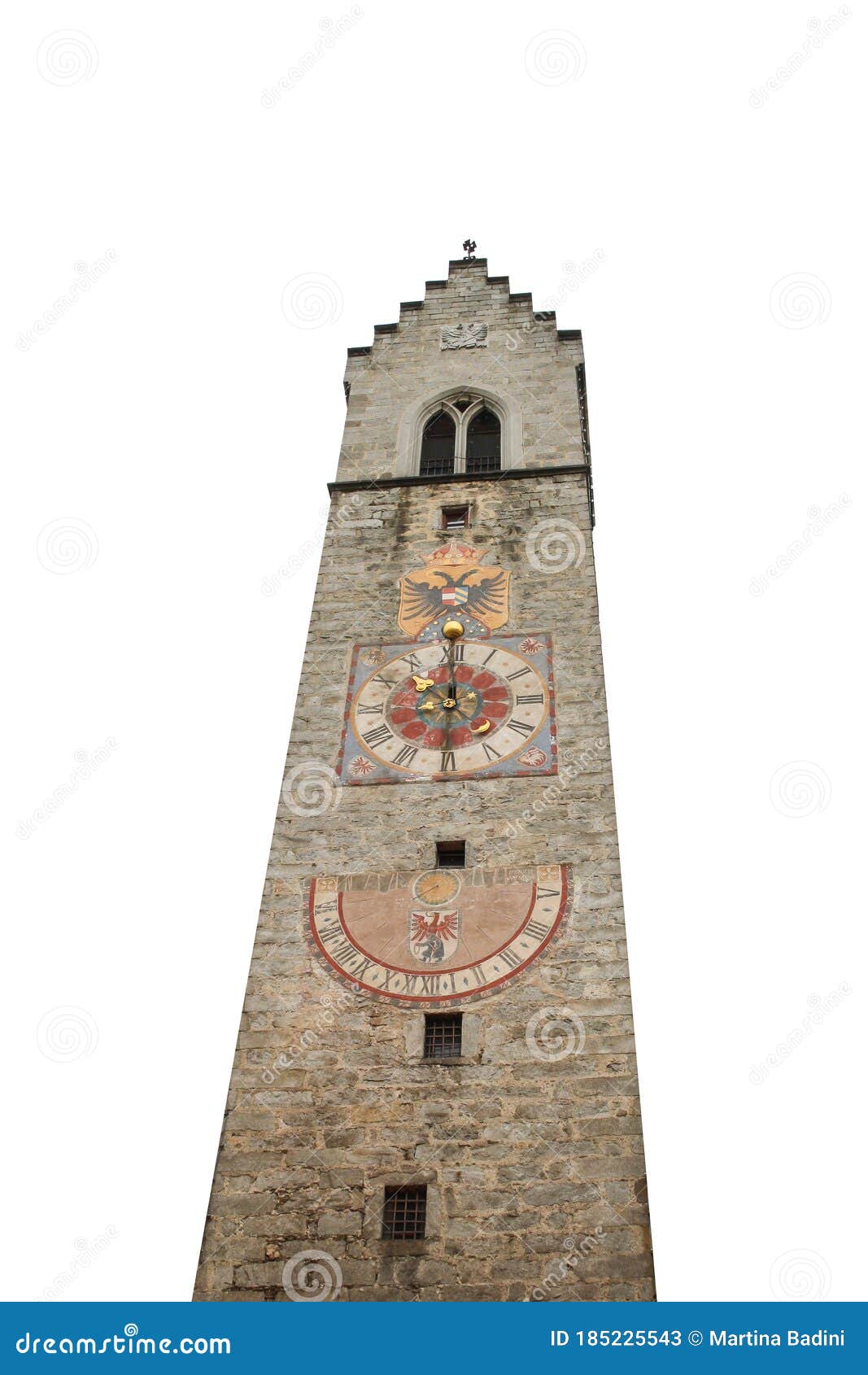 the bell tower of vipiteno or sterzing  in white background.