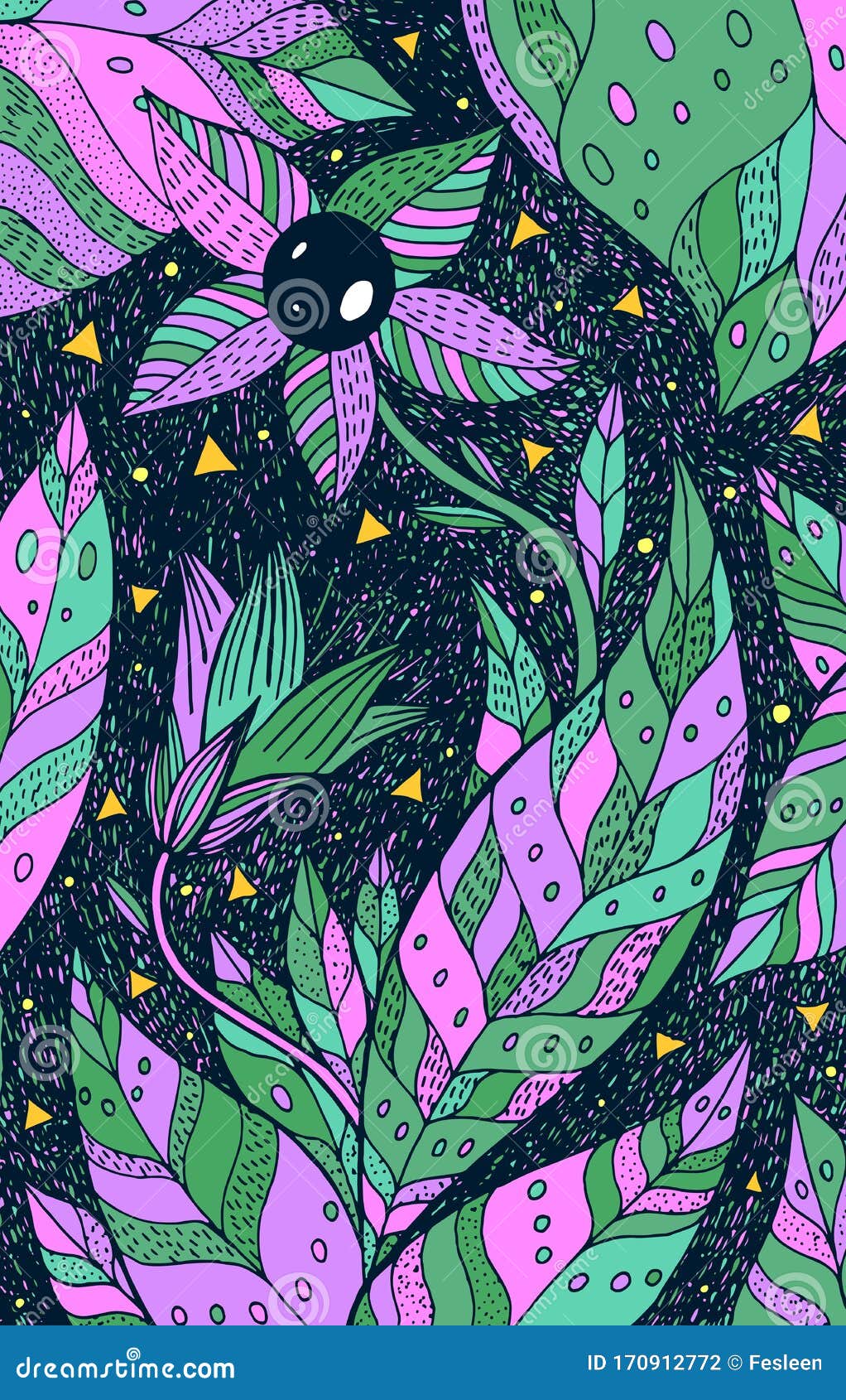 belladonna - floral . colorful plant drawing. graphic psychedelic multicolored line art.  artwork