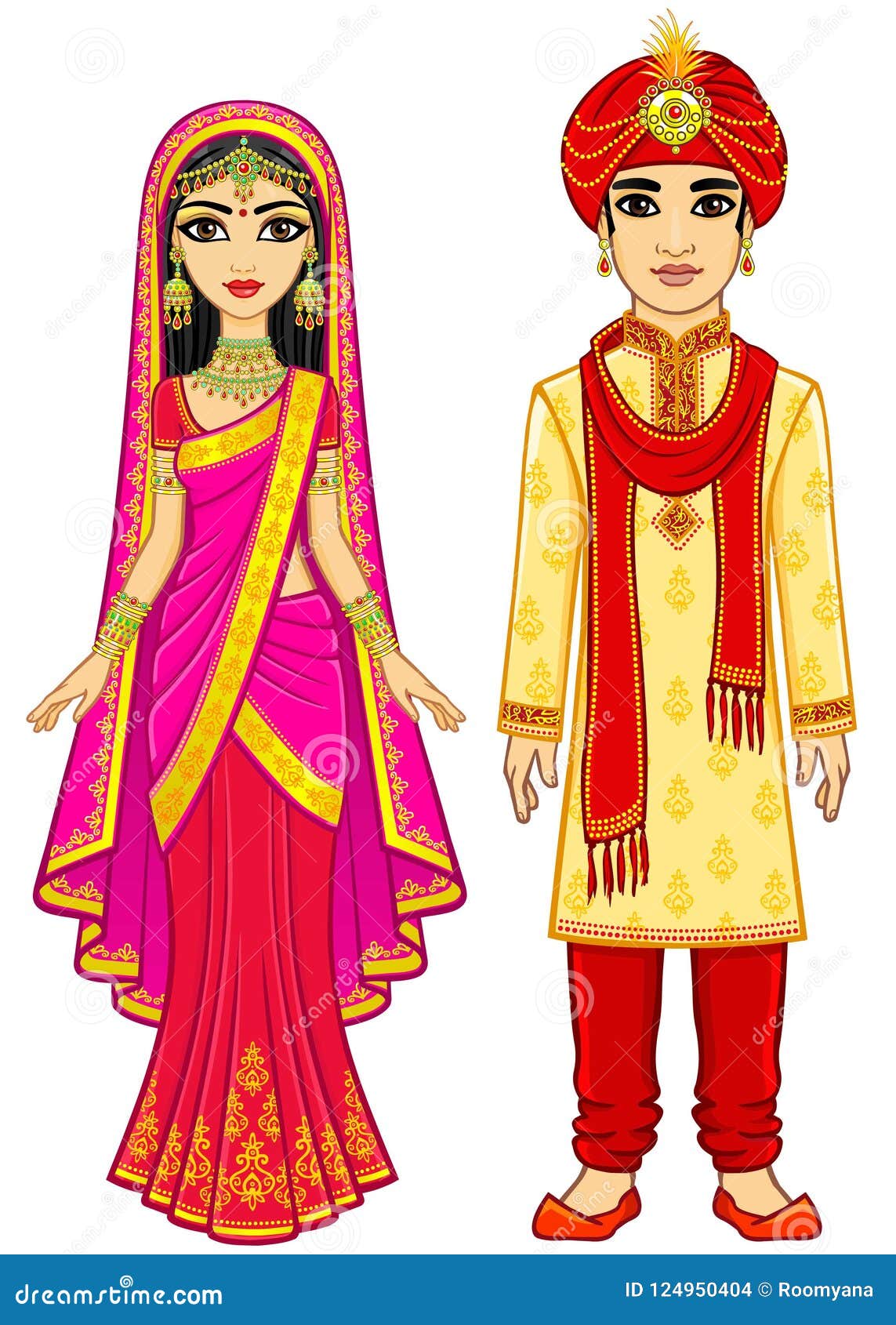 Belleza Asiática Familia India De La Animación En Ropa Tradicional  Ilustración del Vector - Ilustración de traje, muchacho: 124950404