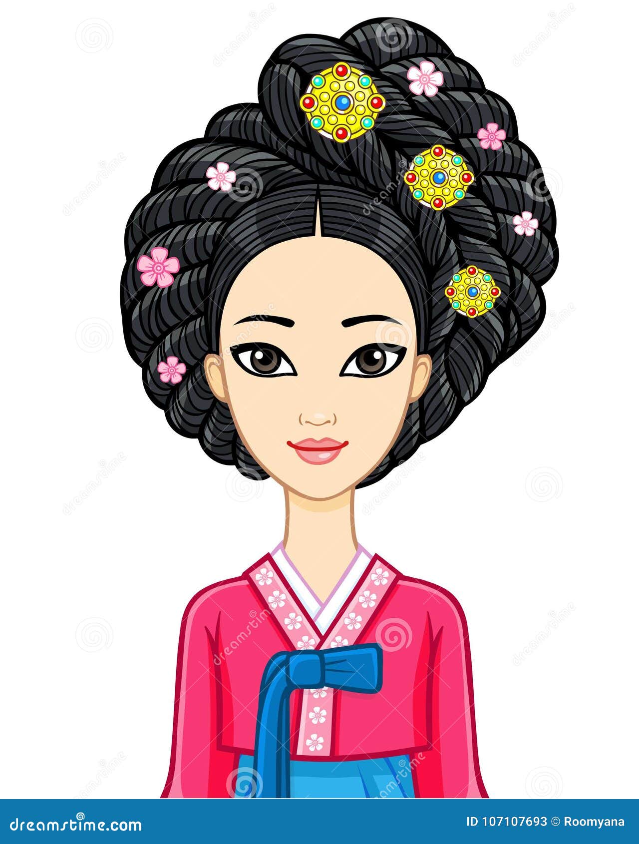 Bellezza Asiatica Ritratto Di Animazione Di Giovane Ragazza Coreana In Vestiti Antichi Acconciatura Storica Illustrazione Vettoriale Illustrazione Di Disegno Fiore