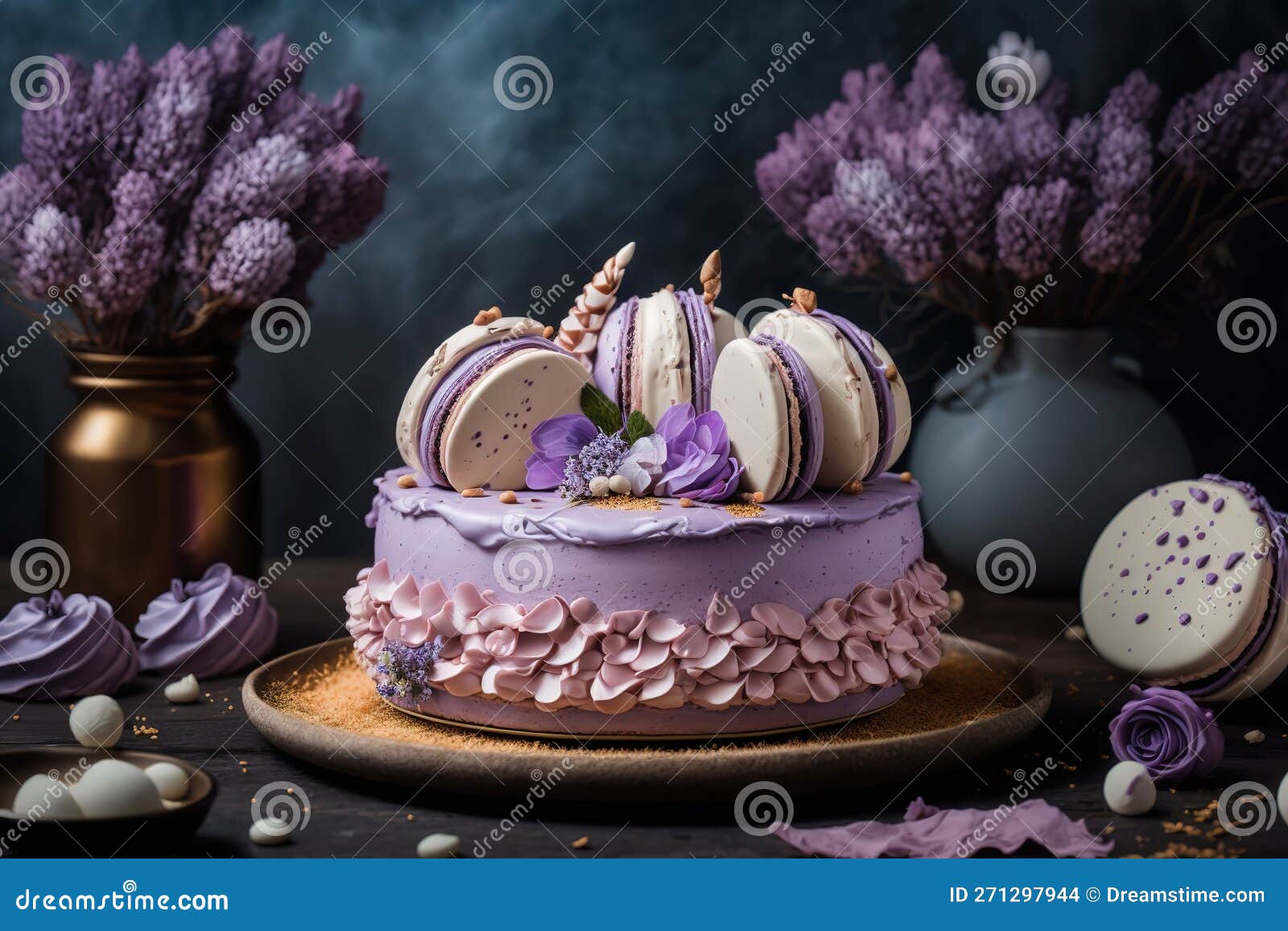 Belo Bolo Roxo Decorado De Macarões E Merengue Frescos. Bolo De