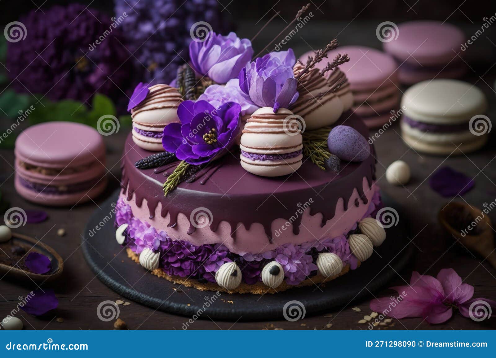 Belo Bolo Roxo Decorado De Macarões E Merengue Frescos. Bolo De