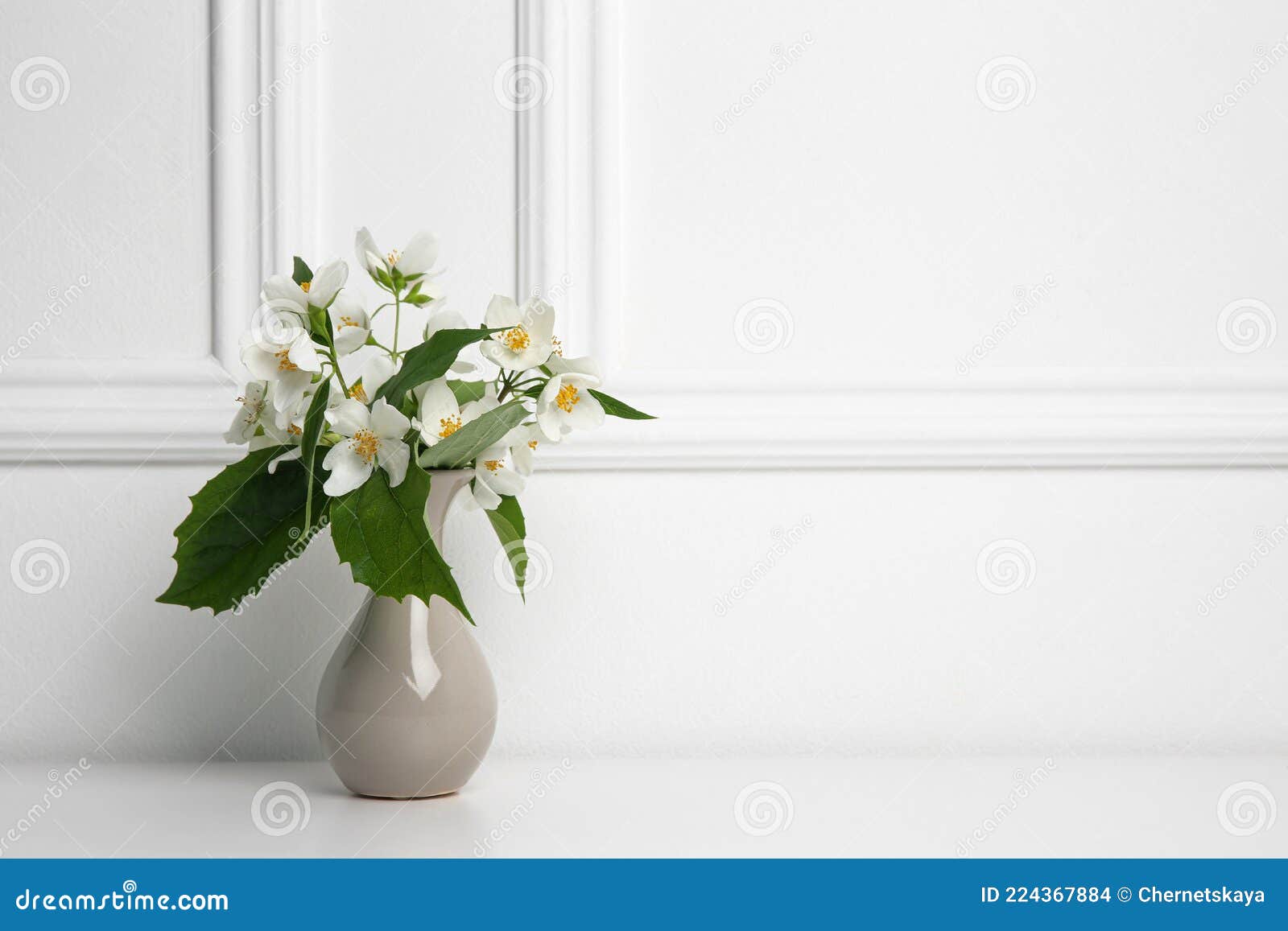 Belo Buquê Com Flores Frescas Jasmim Em Vaso Na Mesa Branca Espaço Interior  Para Texto Foto de Stock - Imagem de bonito, beleza: 224367884