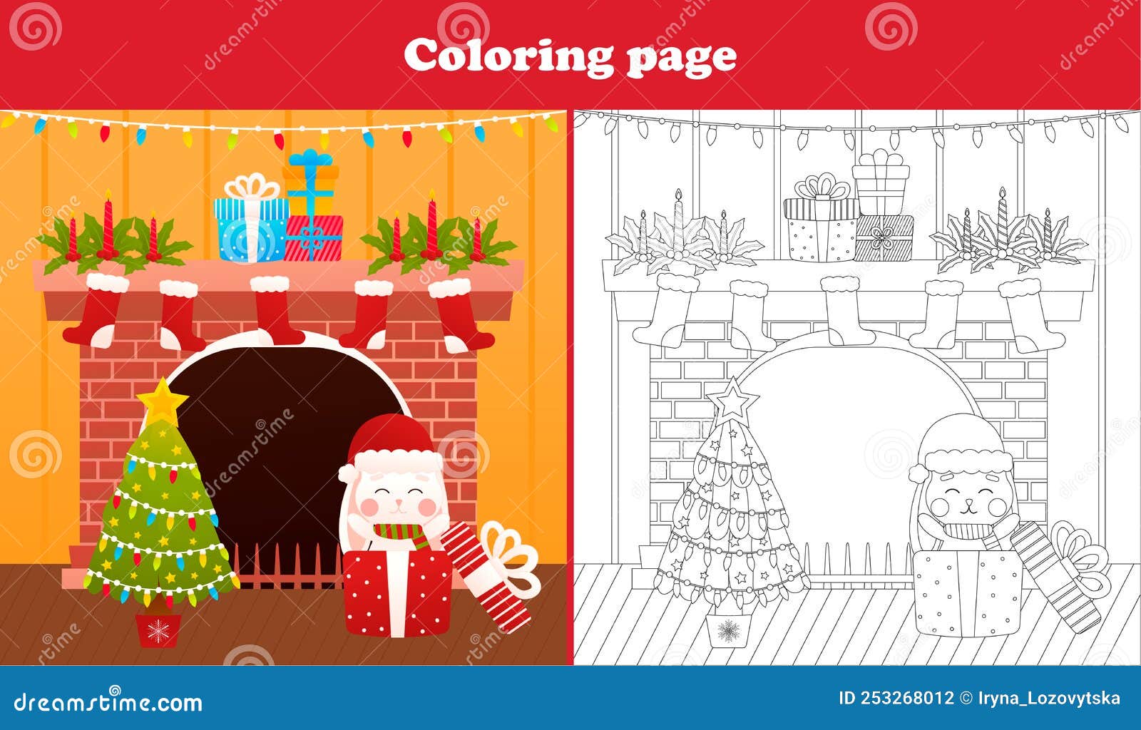 Desenho para colorir com cervos bonitos e luzes de Natal. Livro