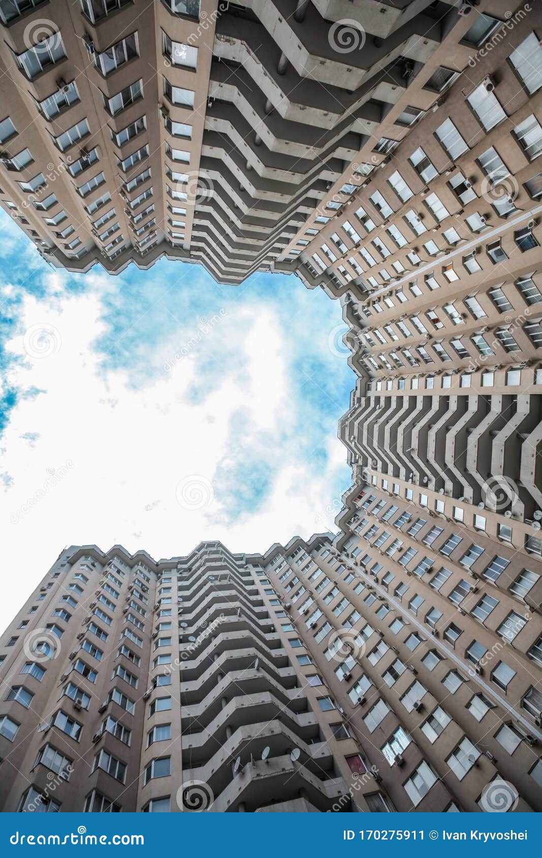 below view on the ukrainian skyscrappers. odesa chudo gorod. living high-rise building. modern condominium on sky background