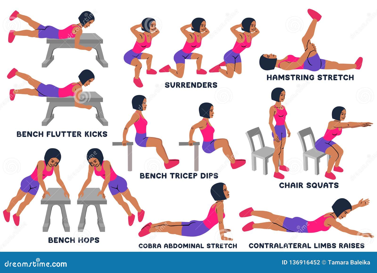 bench flutter kicks. surrenders. hamstring stretch. bench biceps dips. chair squats. bench hops. cobra abdominal stretch.