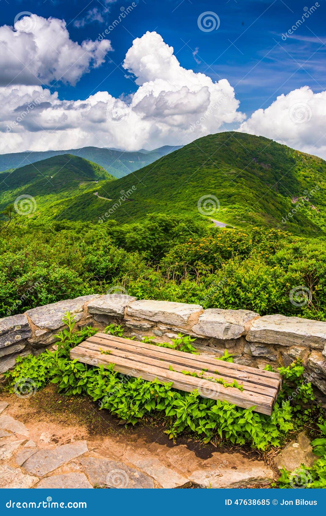 bench and view of the appalachians from craggy pinnacle