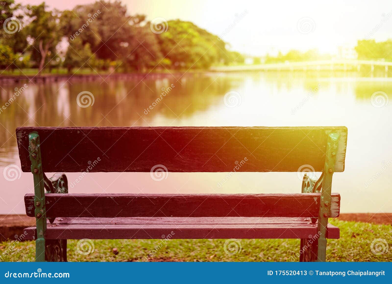 Benches Front Of Lake In City Park With Sunset And Blurred Background Stock Image Image Of