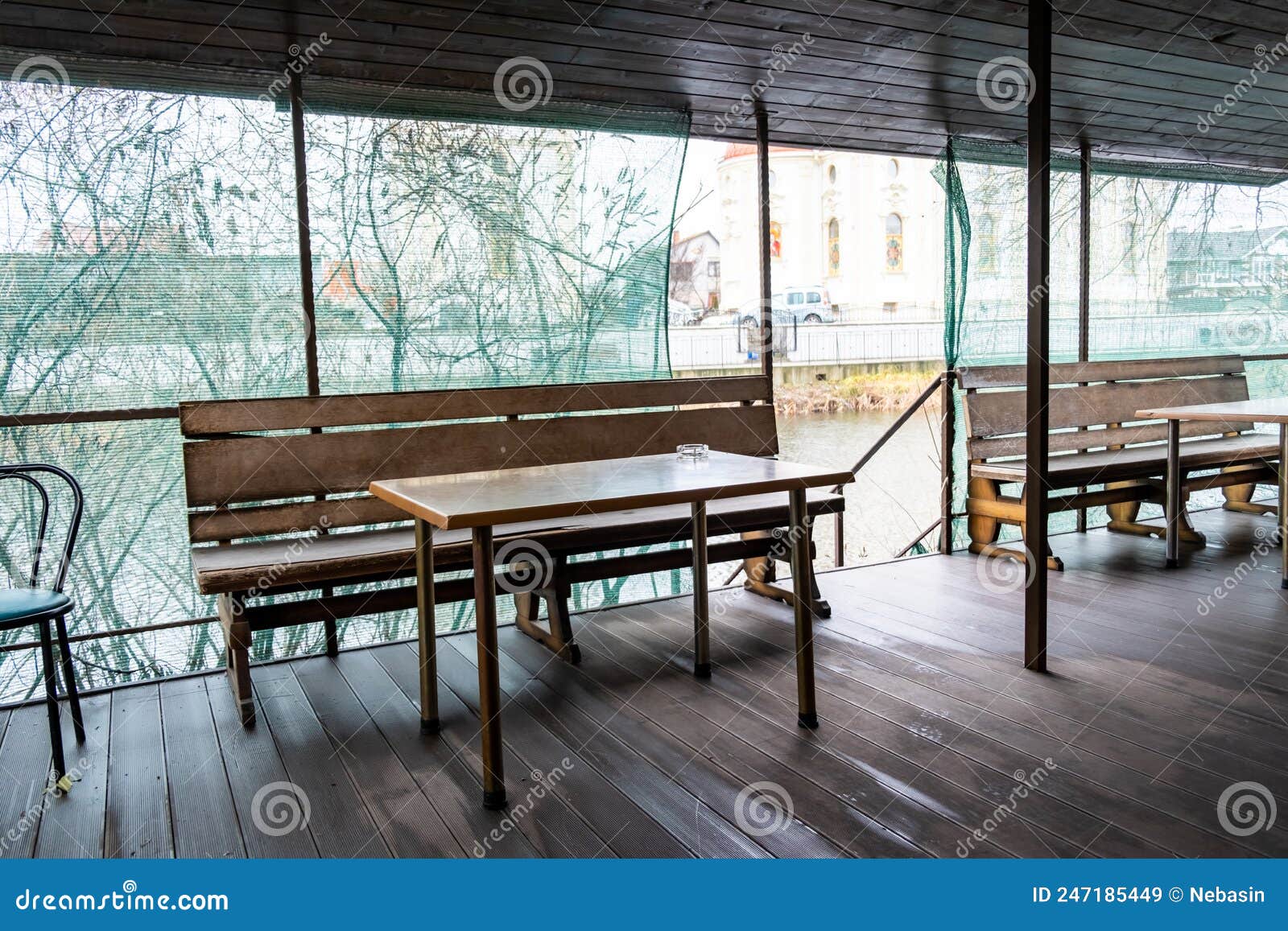 Benches and Tables on the Banks of the River Stock Image Image of