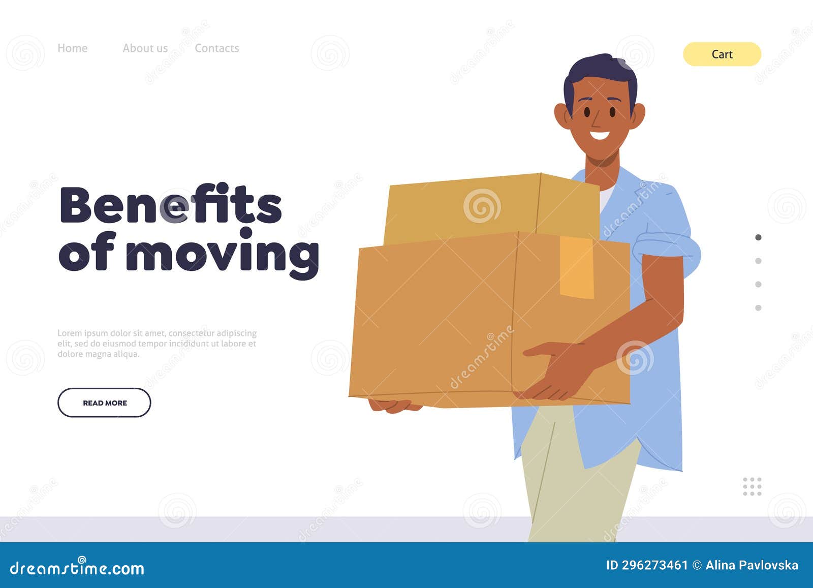 Benefits of Moving Concept for Landing Page Template with Man Character