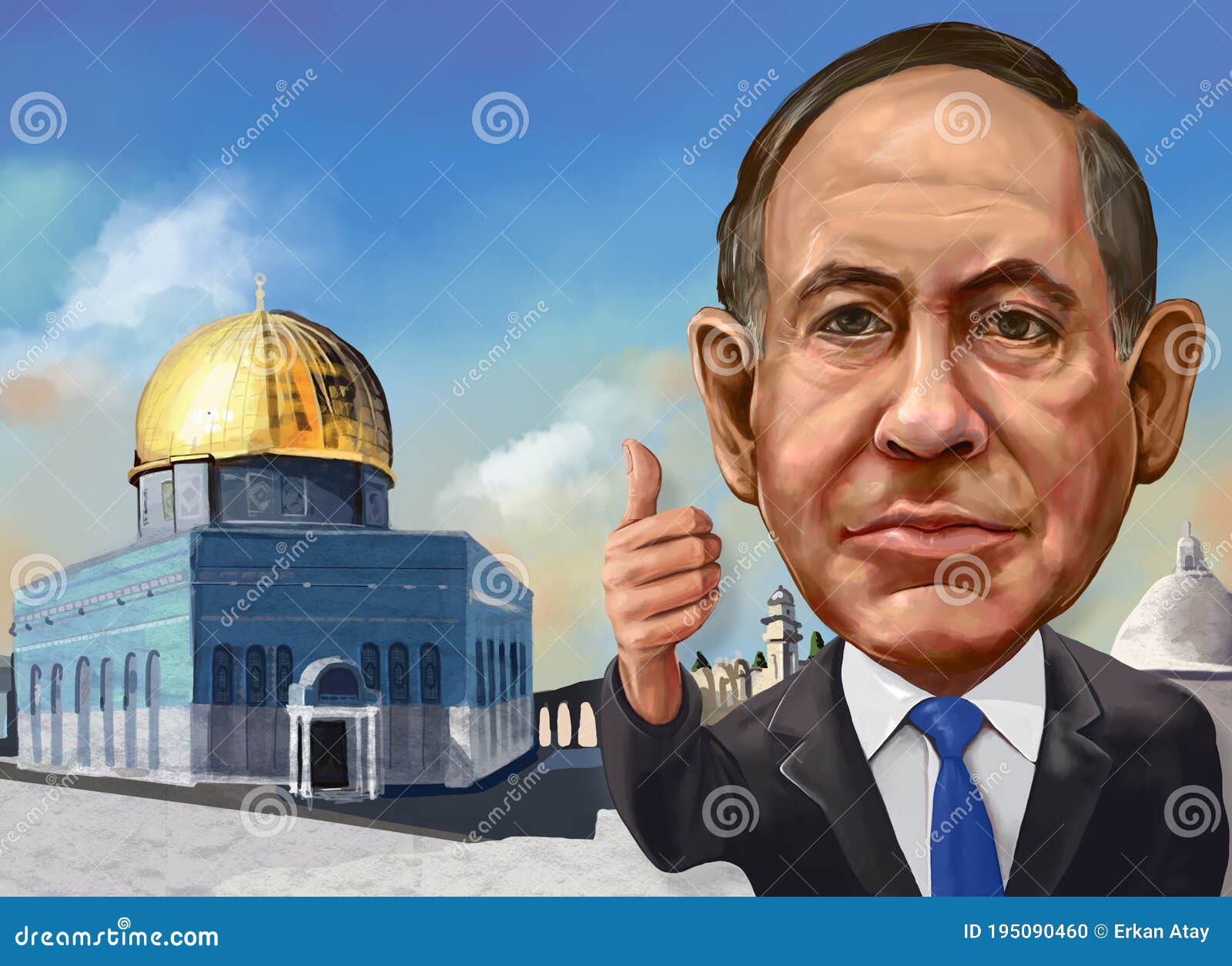 Benjamin Netanyahu Prime Minister Of Israel In Front Of Mosque Aksa Cartoon Portrait Illustrated In Ayvalik By Erkan Atay Editorial Image Illustration Of Digital Masjid 195090460