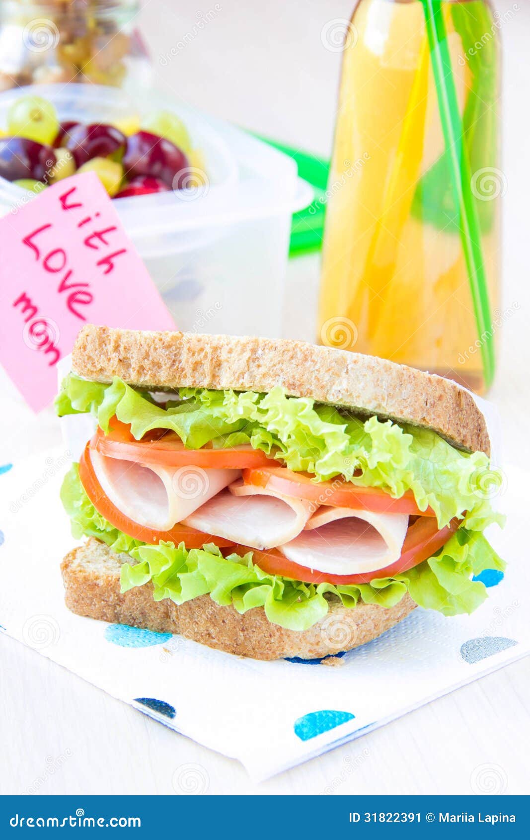 School breakfast apple fruit sandwich thermos flask. - Stock Image -  Everypixel