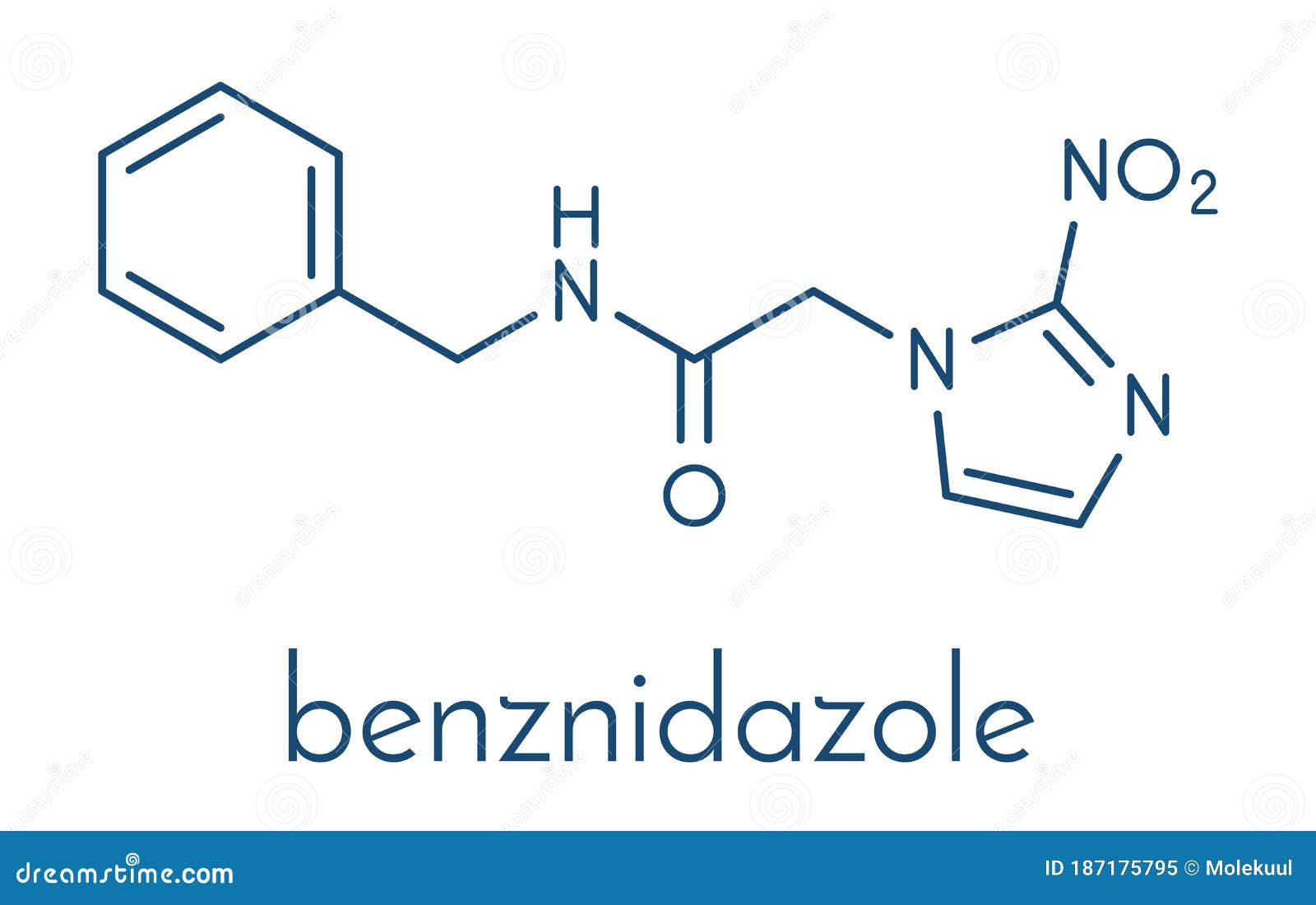 benznidazole antiparasitic drug molecule. used in treatment of chagas disease trypanosoma cruzi. skeletal formula.