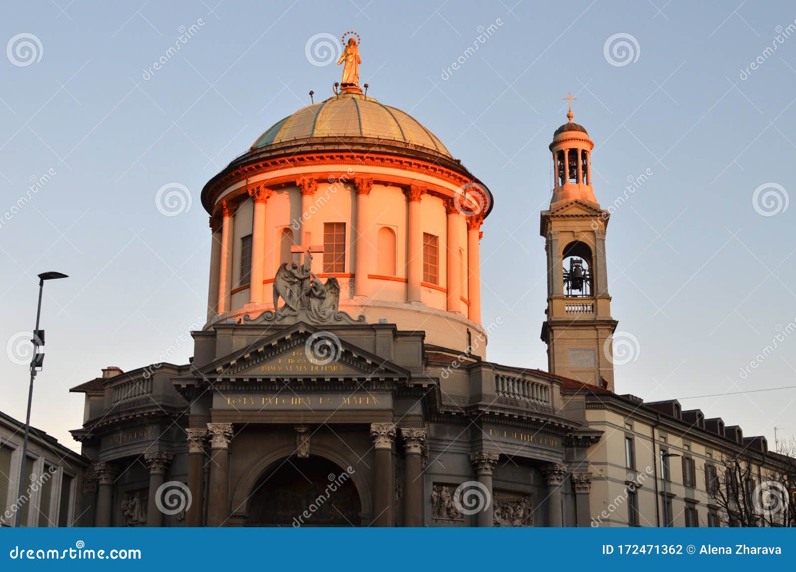 bergamo, italy: view of church chiesa prepositurale di santa maria immacolata delle grazie  with bell tower